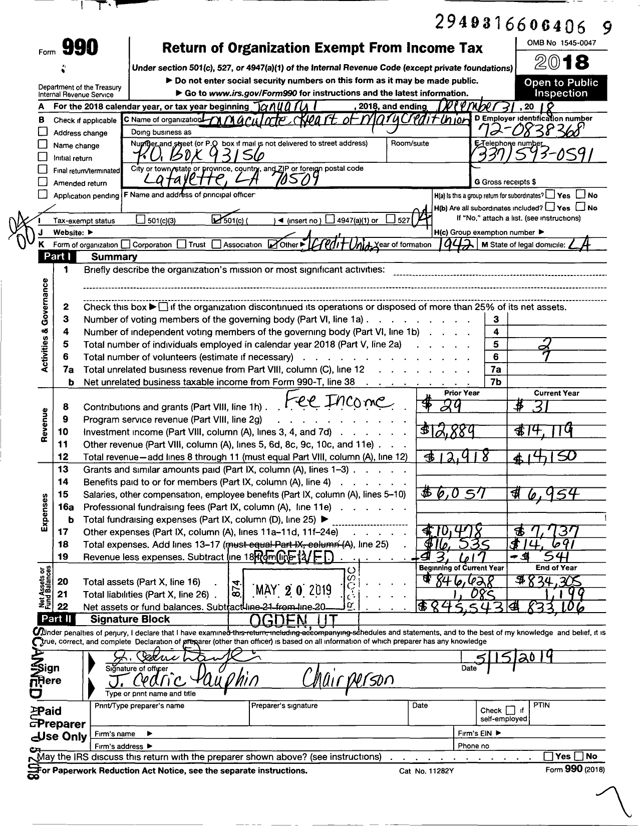 Image of first page of 2018 Form 990O for STATE CHARTERED CREDIT UNIONS IN LOUISIANA / Immaculate Heart of Mary C U