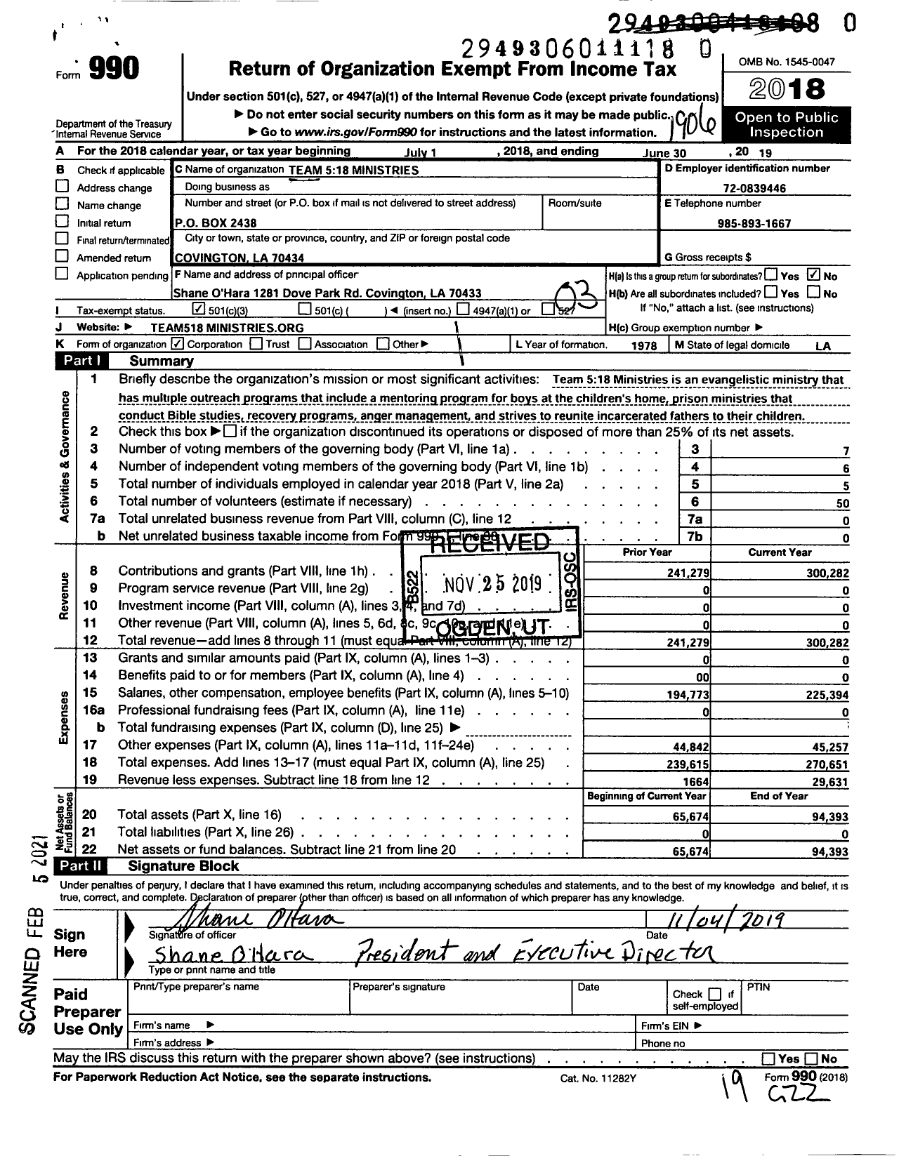 Image of first page of 2018 Form 990 for Team 518 Ministries