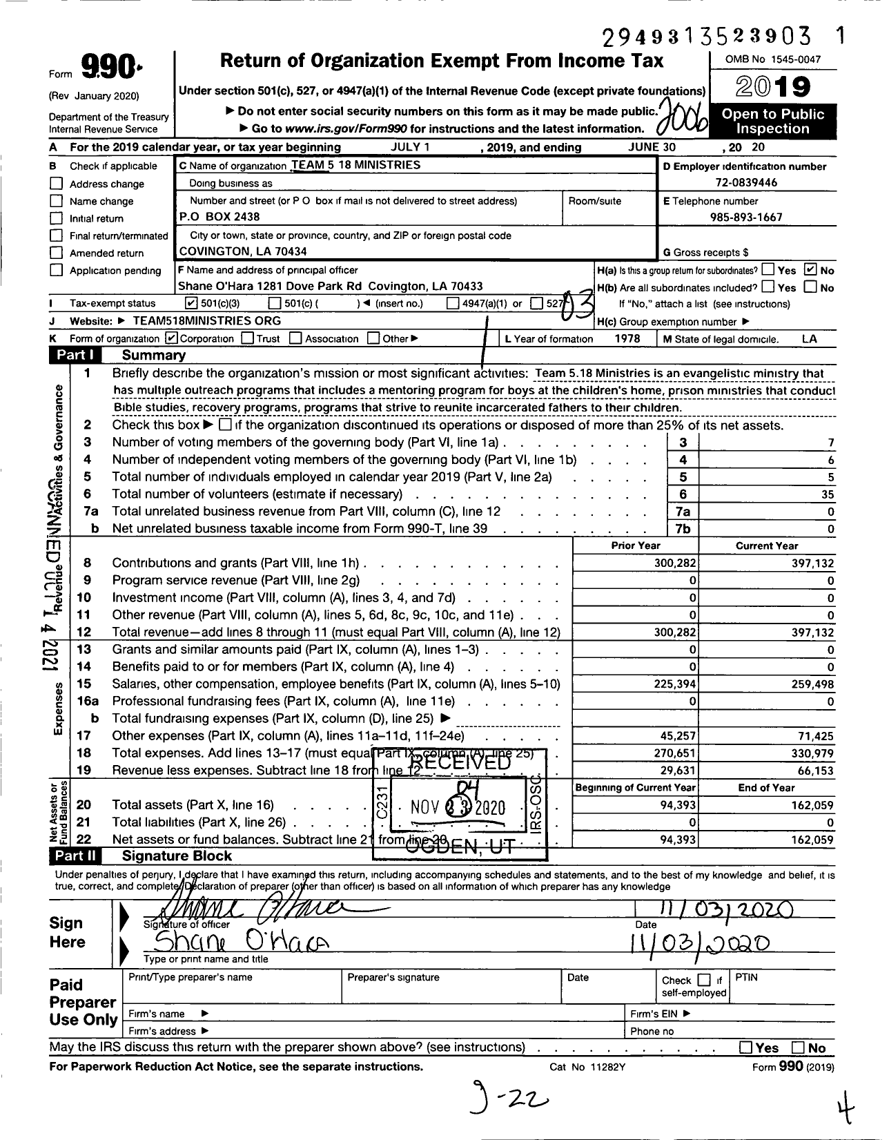 Image of first page of 2019 Form 990 for Team 518 Ministries