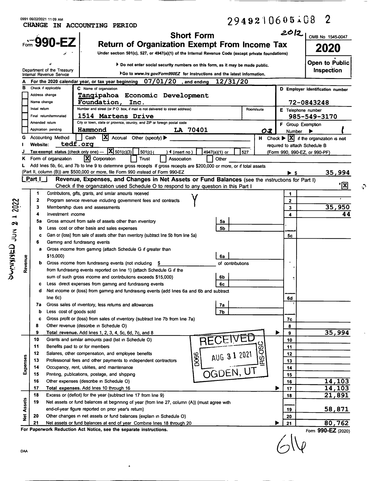 Image of first page of 2020 Form 990EZ for Tangipahoa Economic Development Foundation