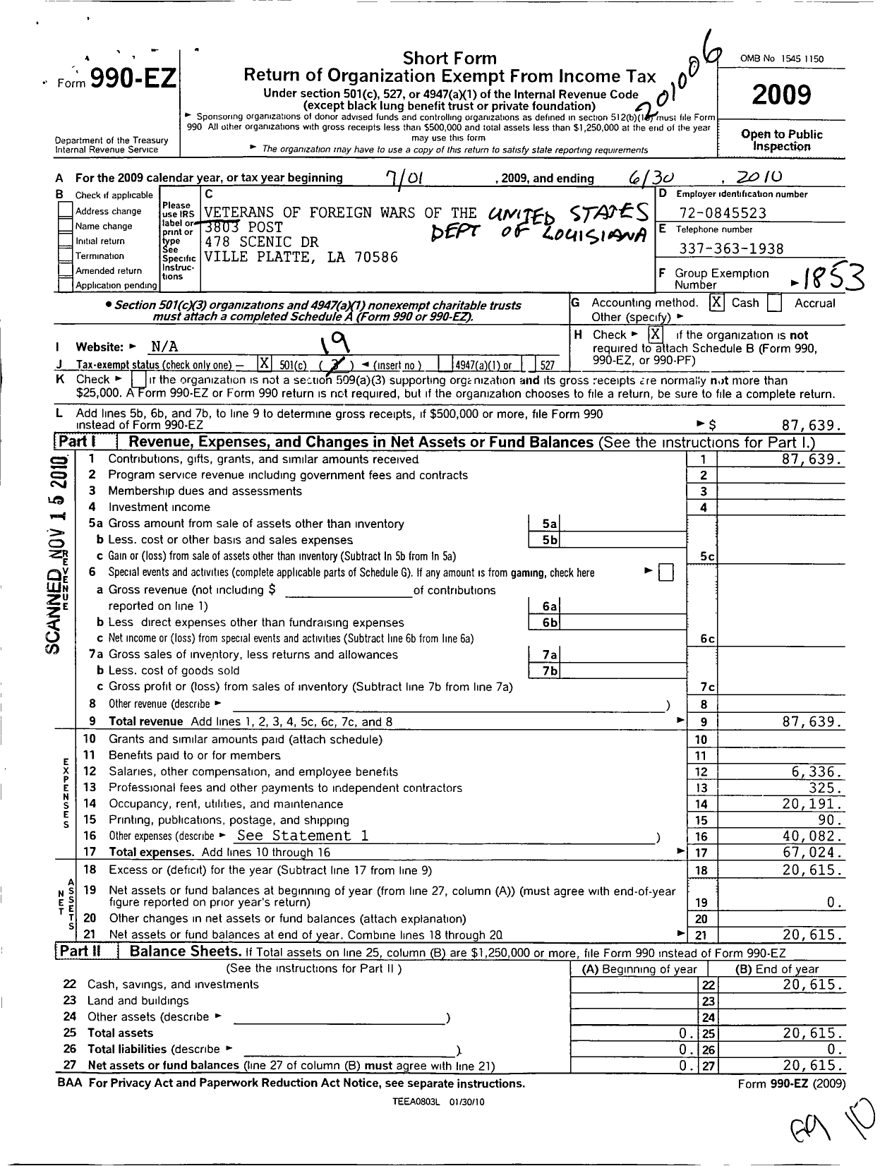 Image of first page of 2009 Form 990EO for Veterans of Foreign Wars of the United States Dept of Louisiana - 3803 Vidrine-Aucoin