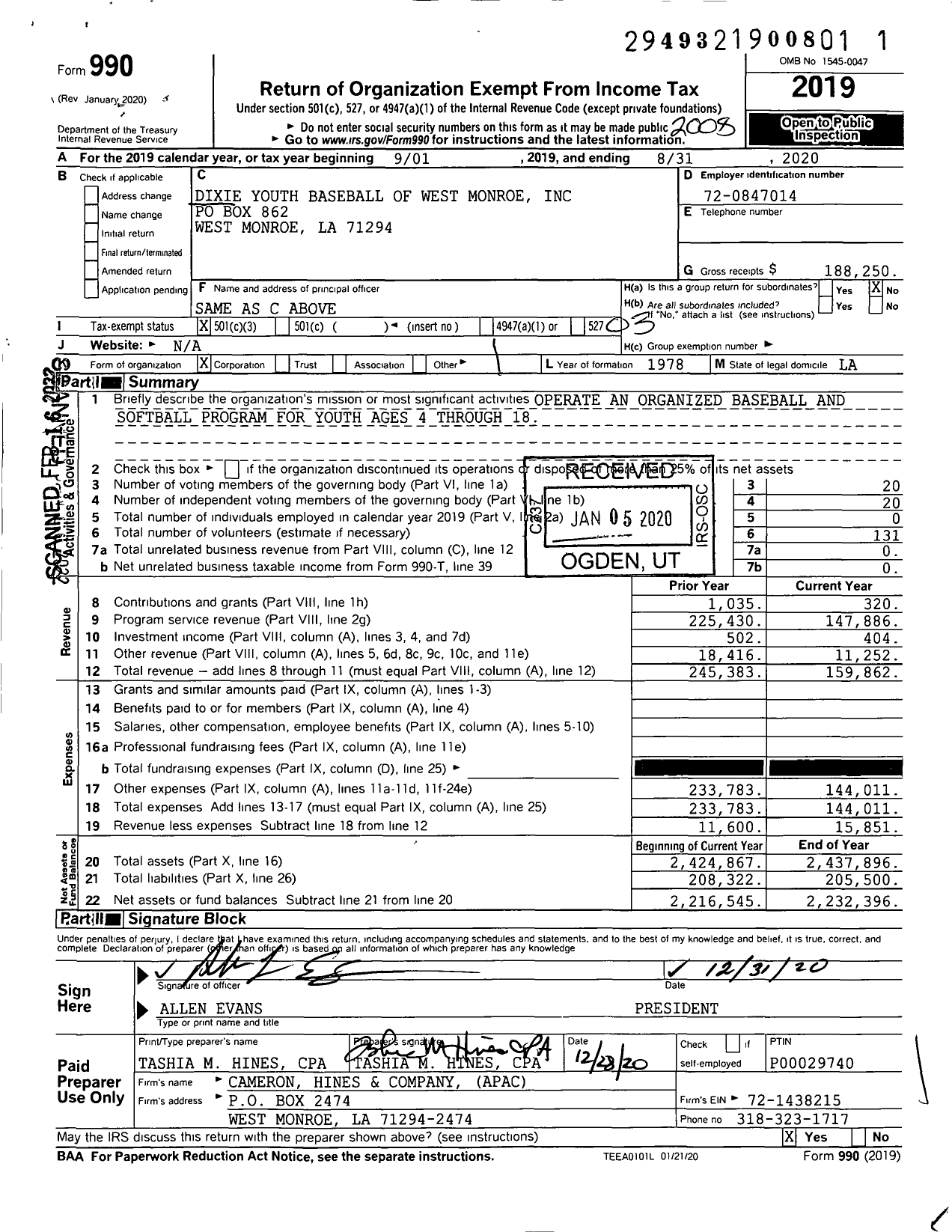 Image of first page of 2019 Form 990 for Dixie Youth Baseball of West Monroe