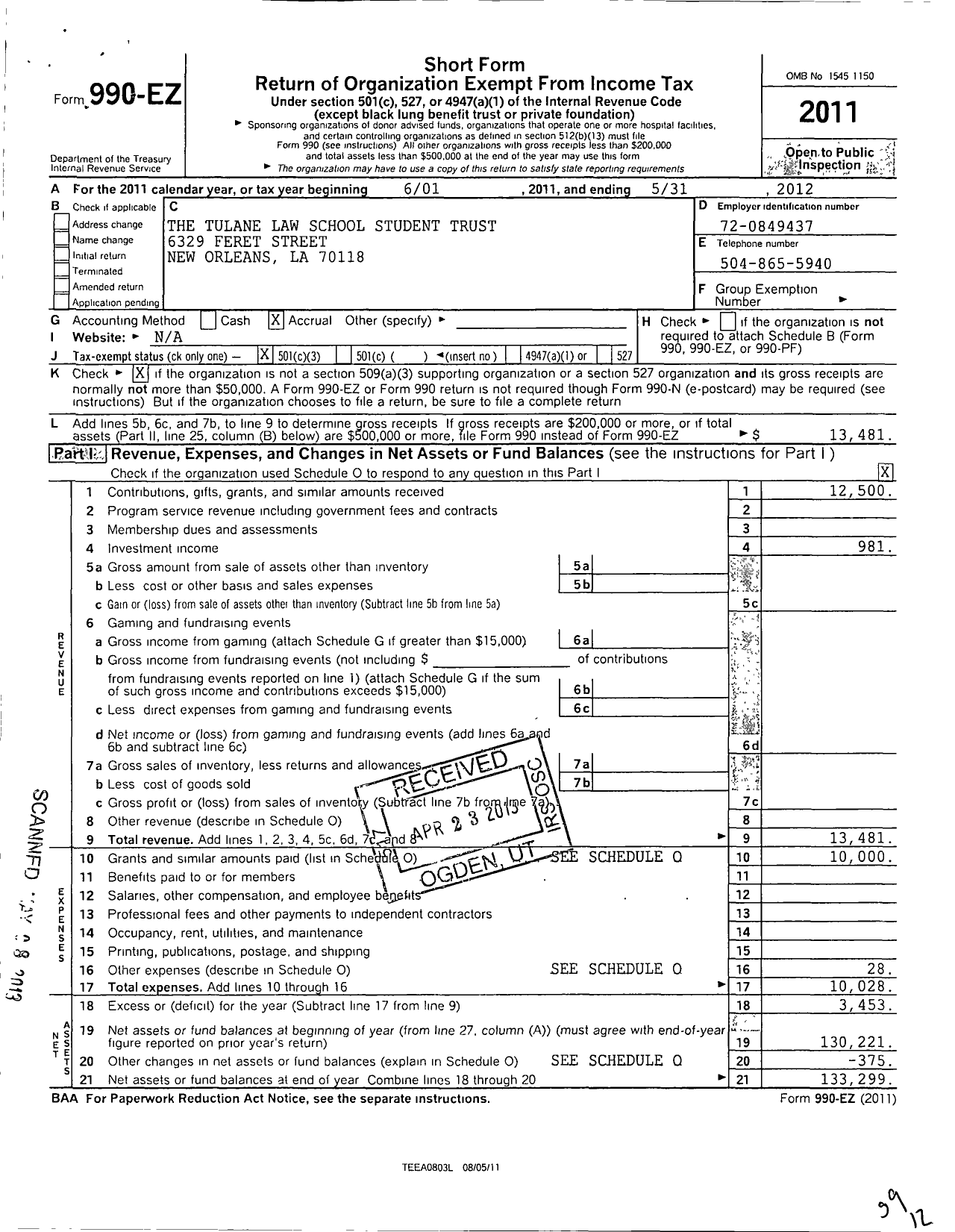 Image of first page of 2011 Form 990EZ for The Tulane Law School Student Trust