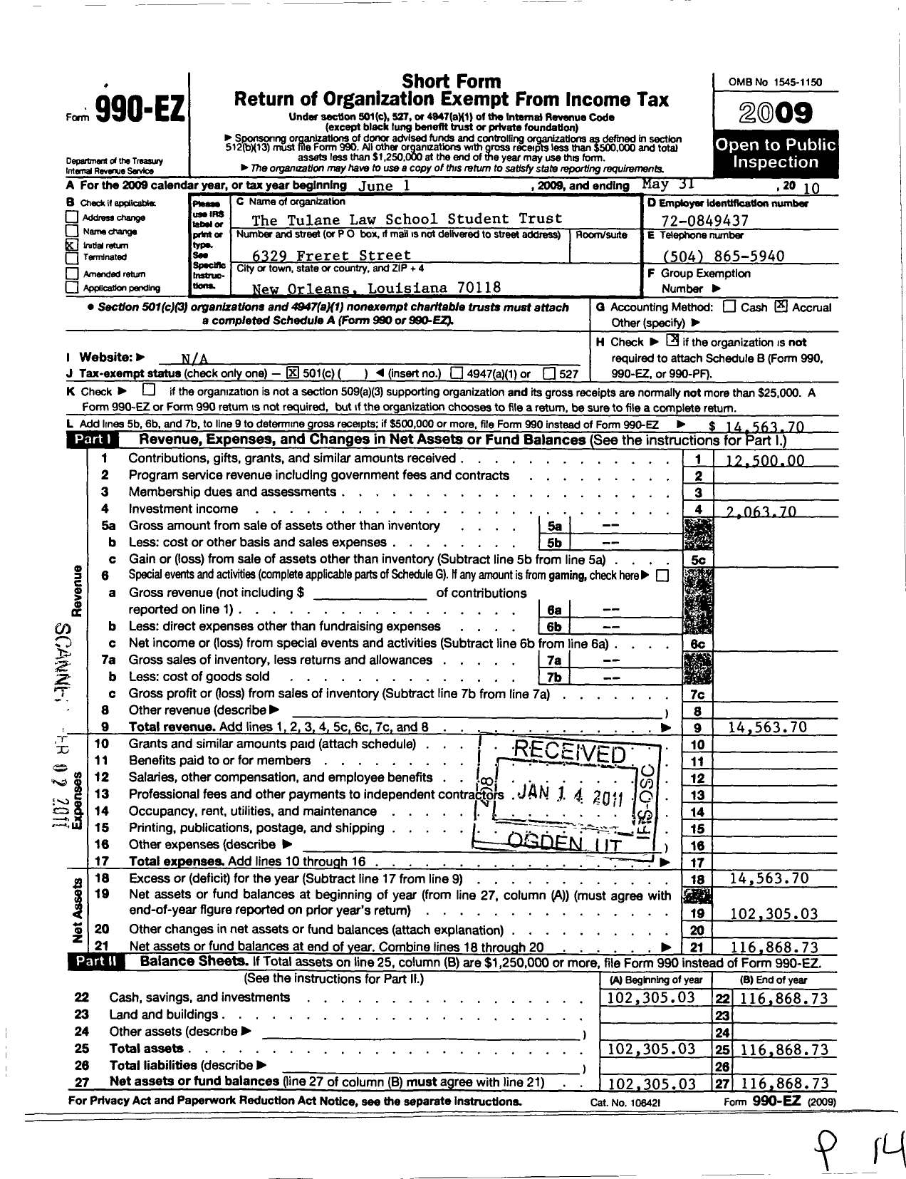 Image of first page of 2009 Form 990EO for The Tulane Law School Student Trust