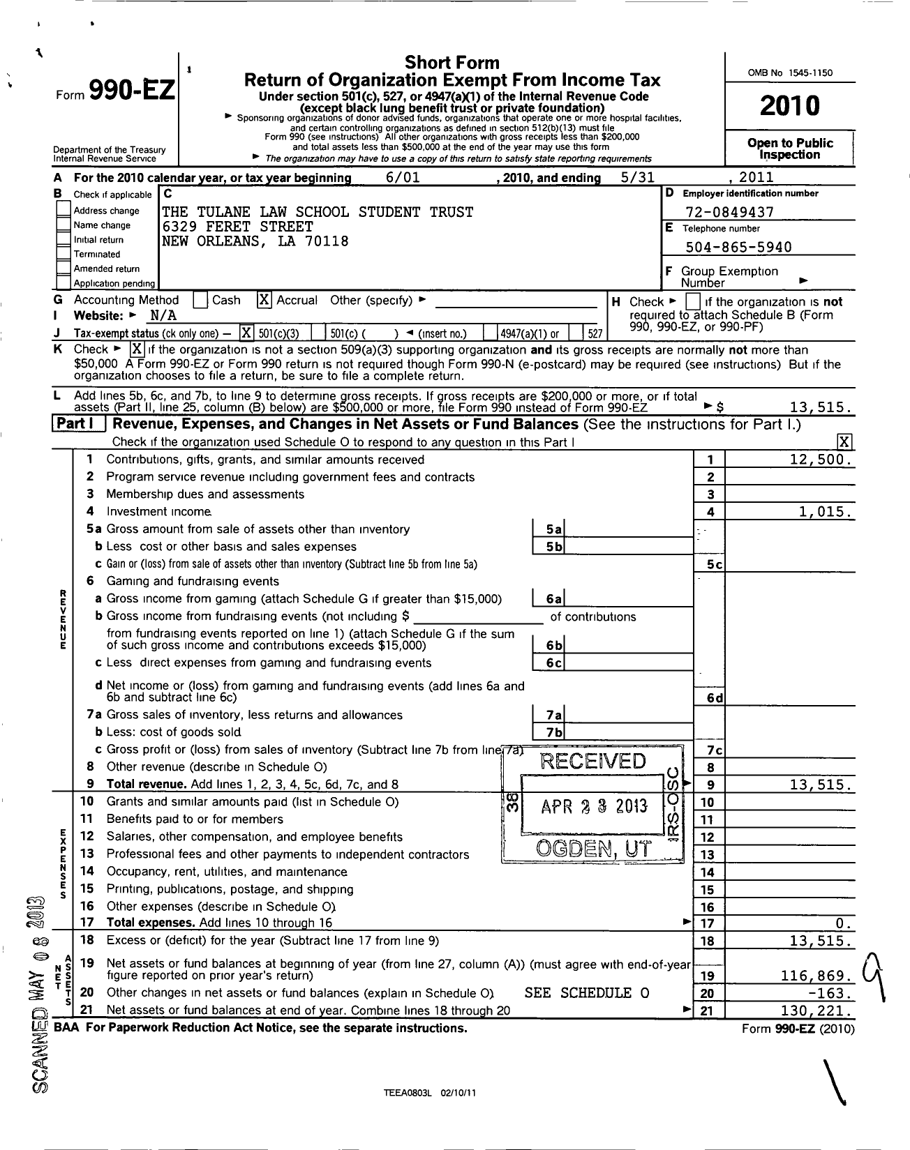 Image of first page of 2010 Form 990EZ for The Tulane Law School Student Trust