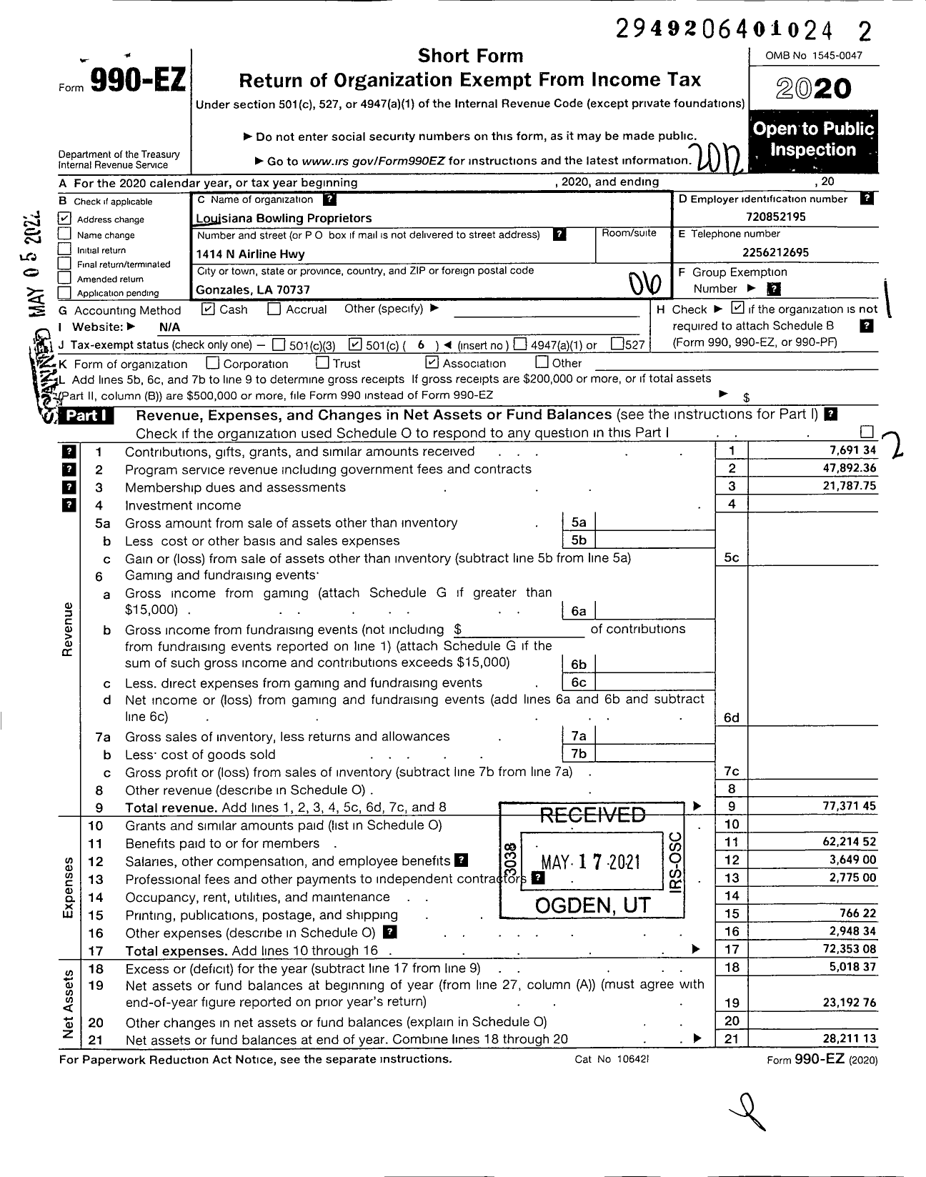 Image of first page of 2020 Form 990EO for Louisiana Bowling Proprietors Assoc