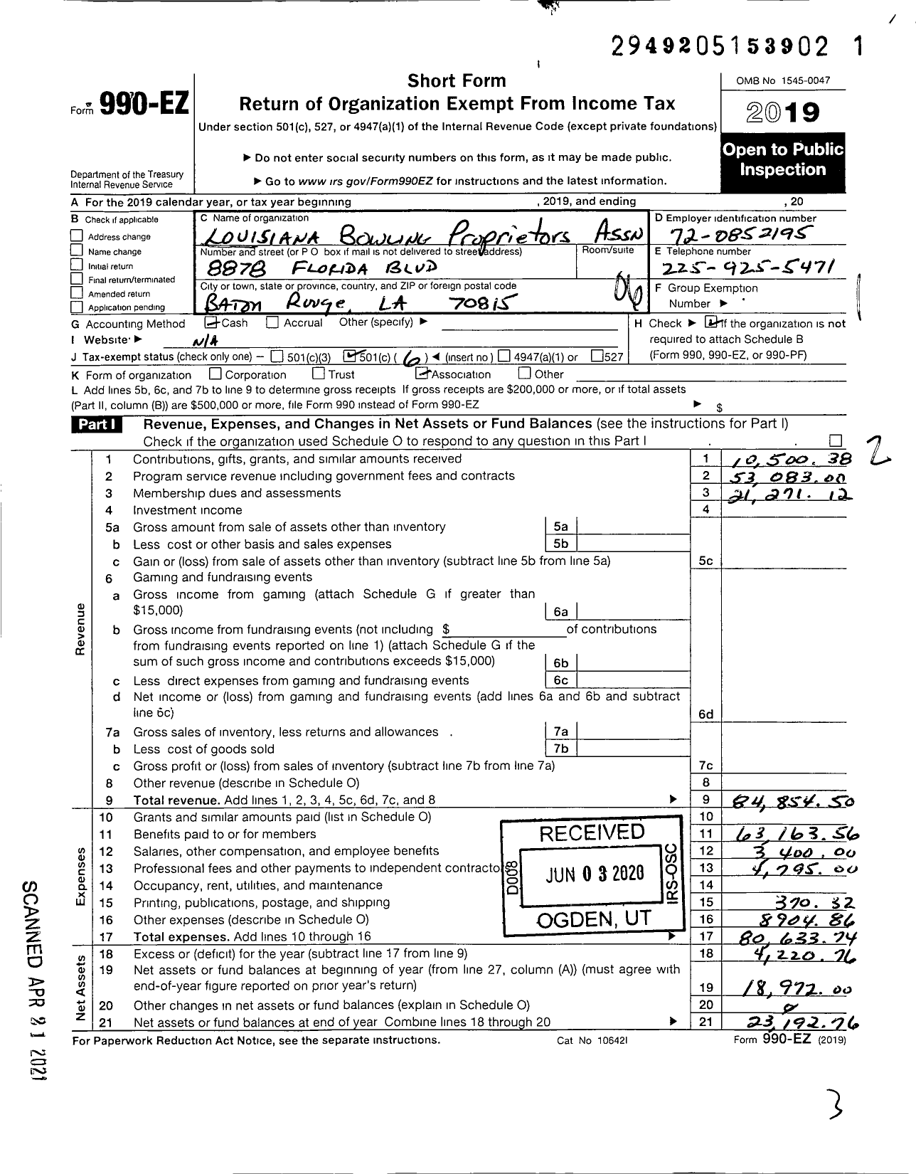 Image of first page of 2019 Form 990EO for Louisiana Bowling Proprietors Assoc