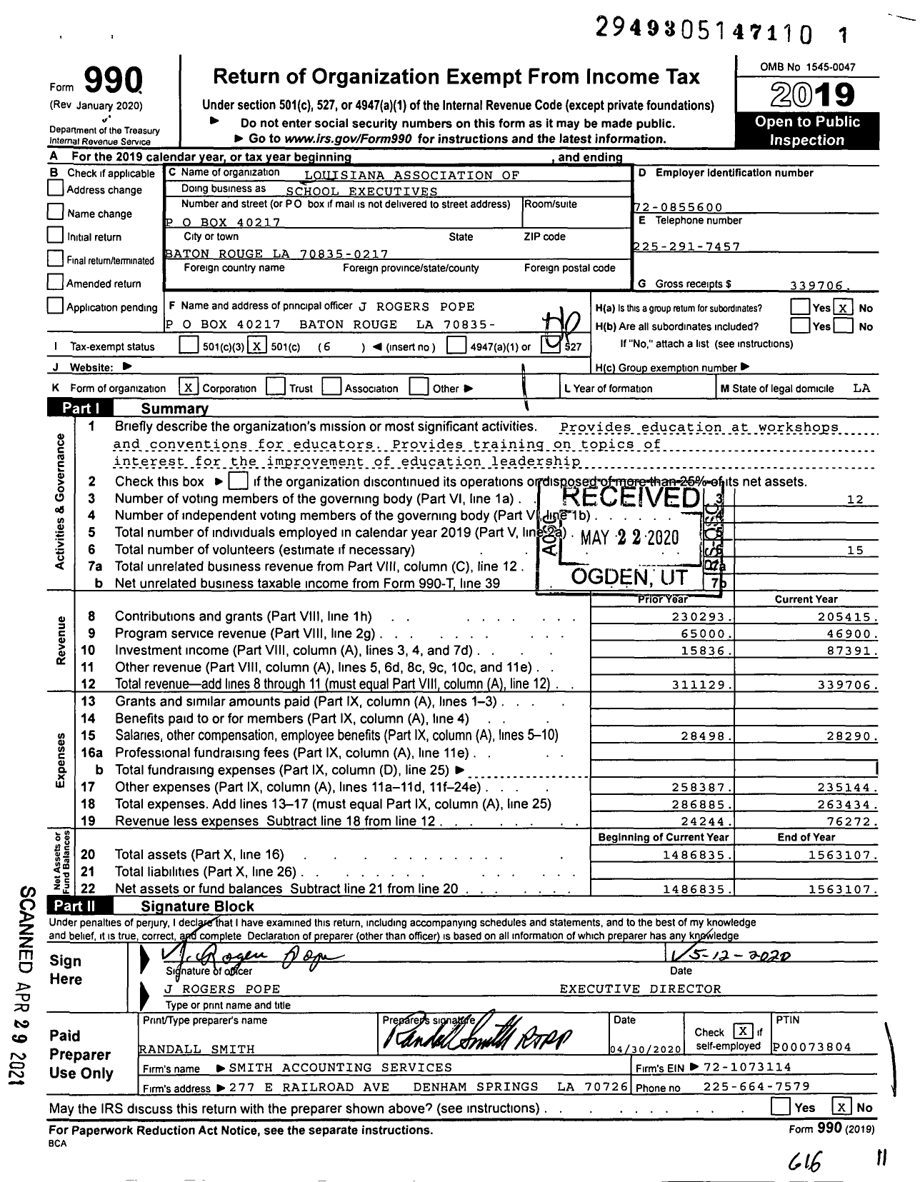 Image of first page of 2019 Form 990O for Louisiana Association of School Executives