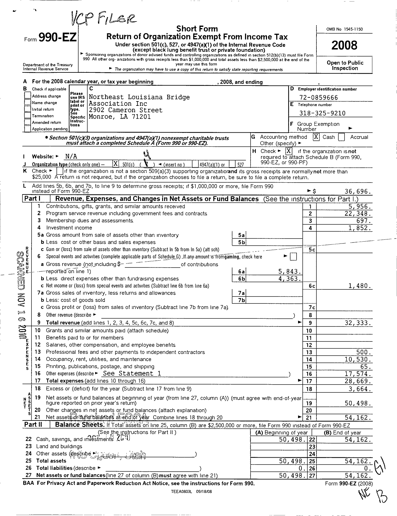 Image of first page of 2008 Form 990EO for Northeast Louisiana Bridge Association