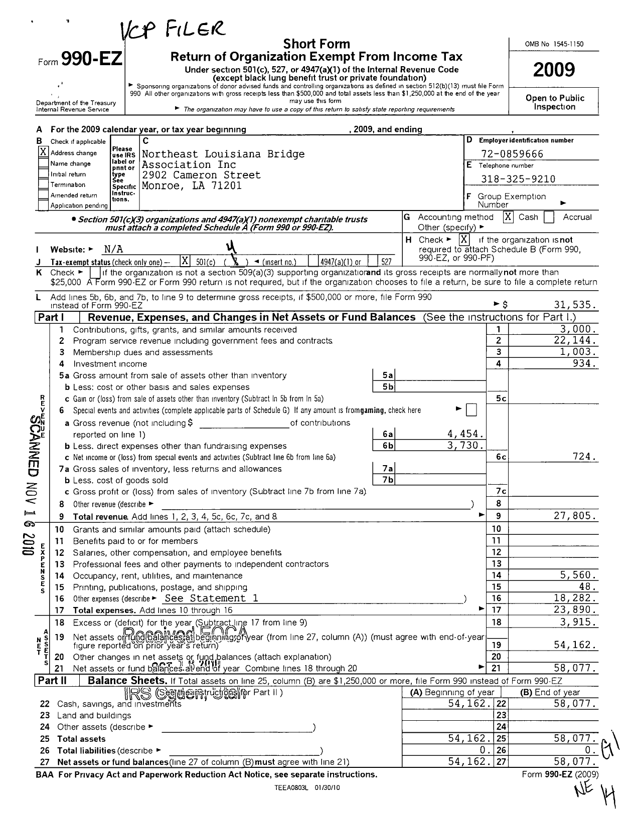 Image of first page of 2009 Form 990EO for Northeast Louisiana Bridge Association