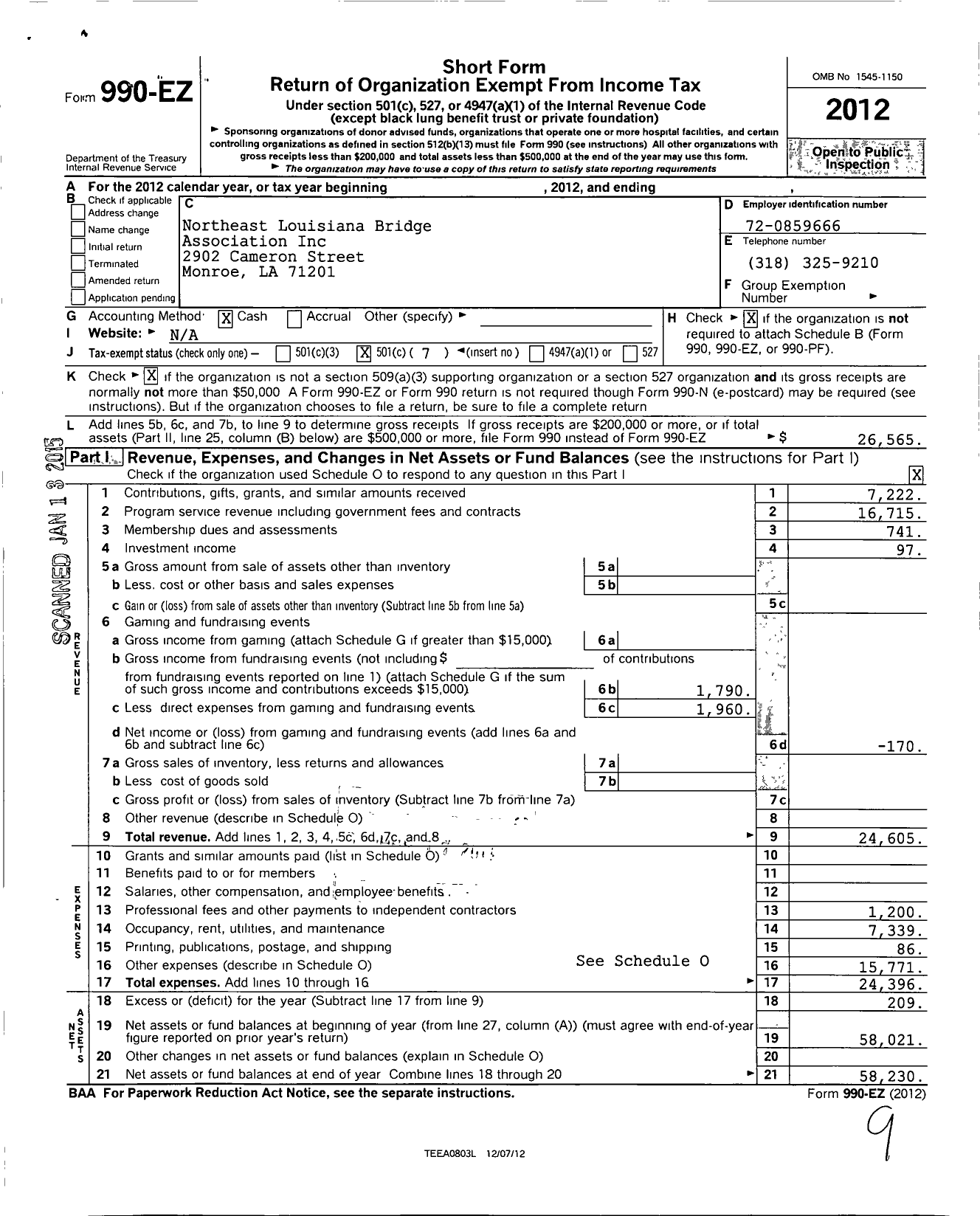 Image of first page of 2012 Form 990EO for Northeast Louisiana Bridge Association