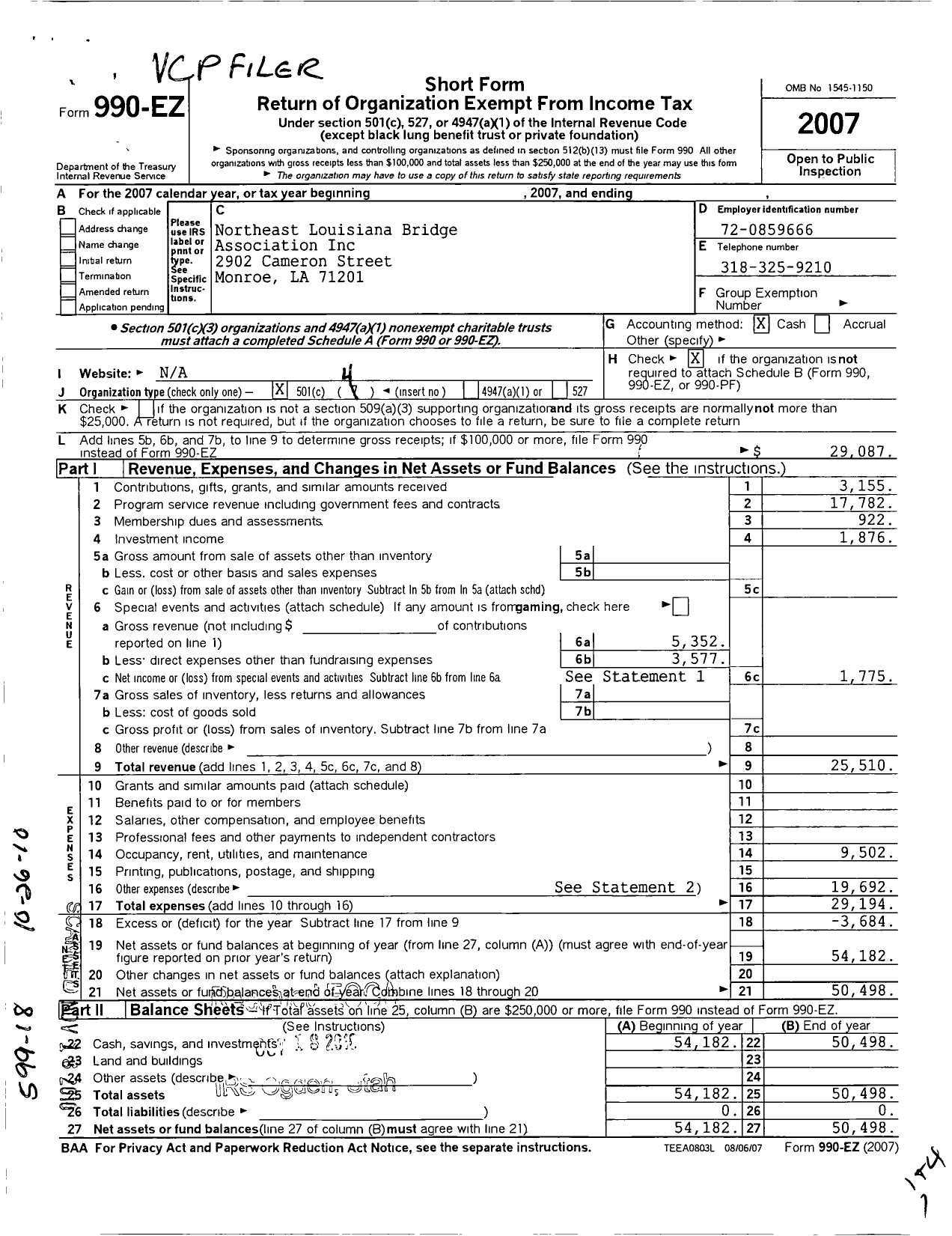 Image of first page of 2007 Form 990EO for Northeast Louisiana Bridge Association