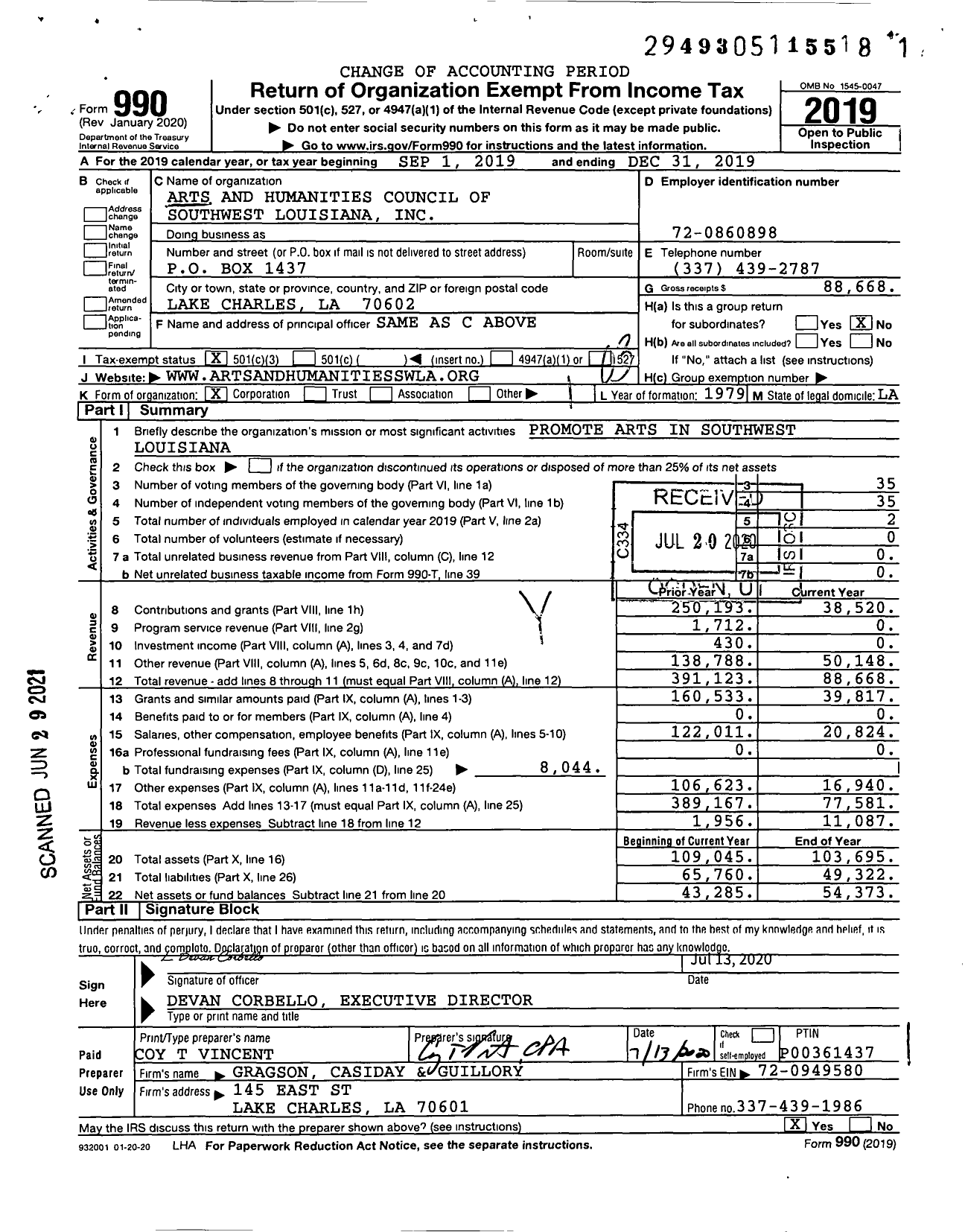 Image of first page of 2019 Form 990 for Arts and Humanities Council of Southwest Louisiana