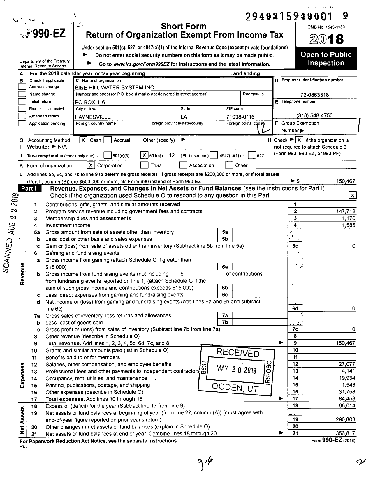 Image of first page of 2018 Form 990EO for Pine Hill Water System