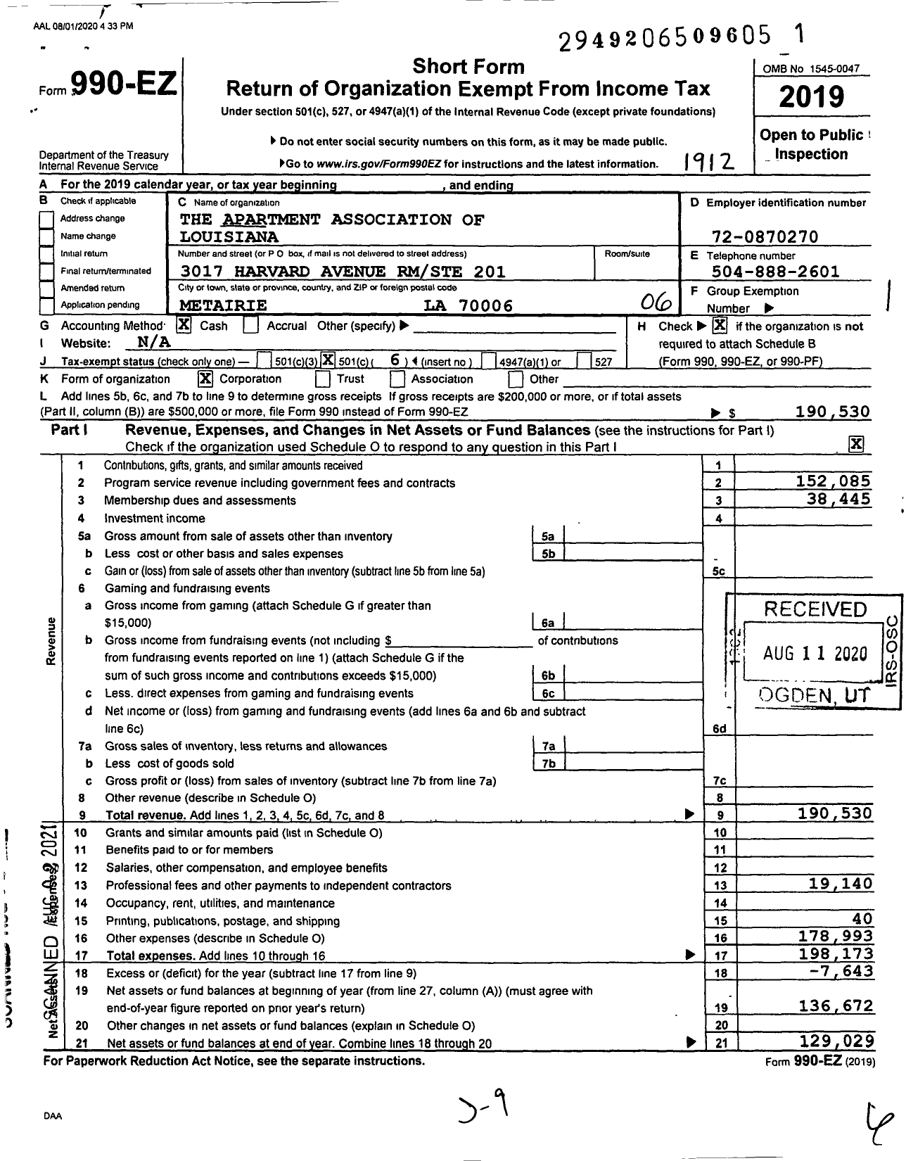 Image of first page of 2019 Form 990EO for The Apartment Association of Louisiana