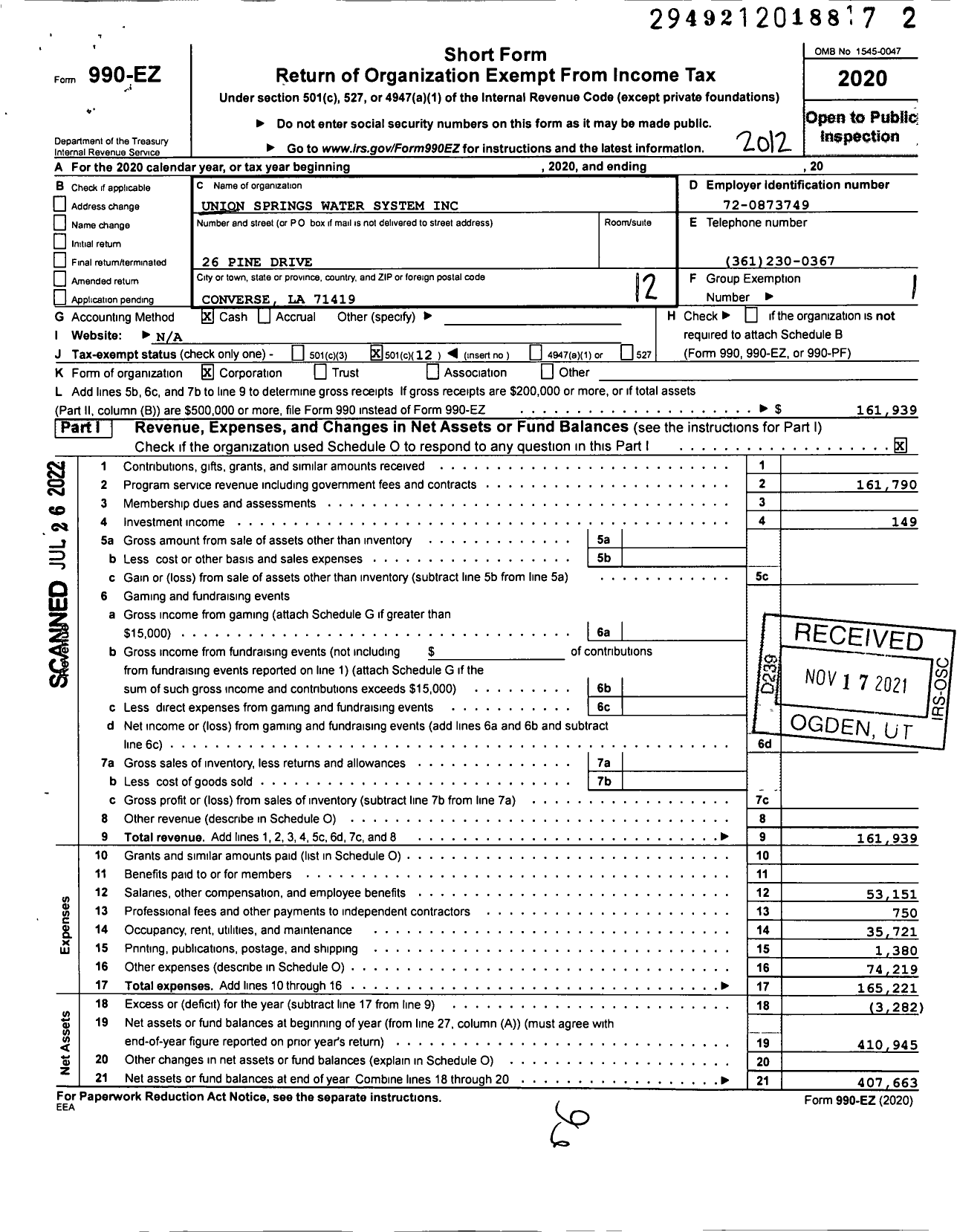 Image of first page of 2020 Form 990EO for Union Springs Water System