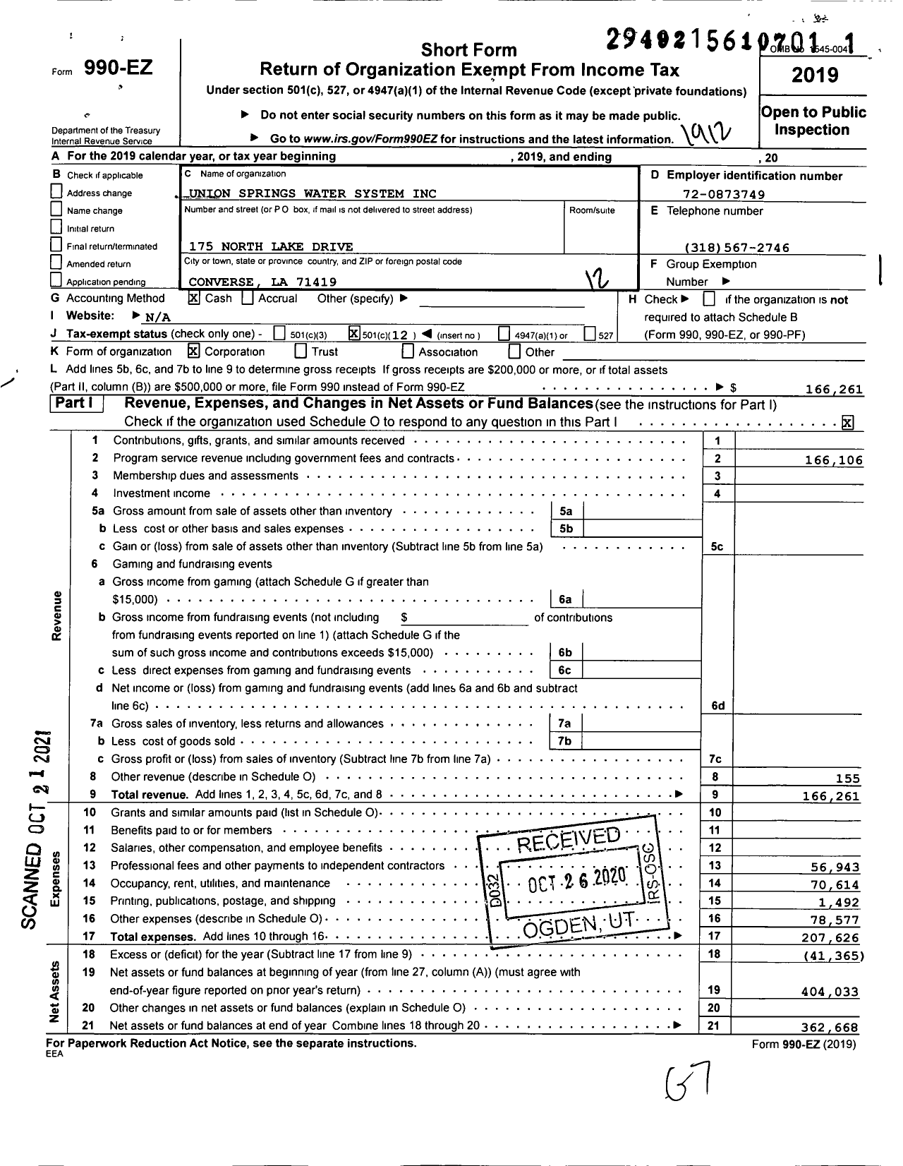 Image of first page of 2019 Form 990EO for Union Springs Water System