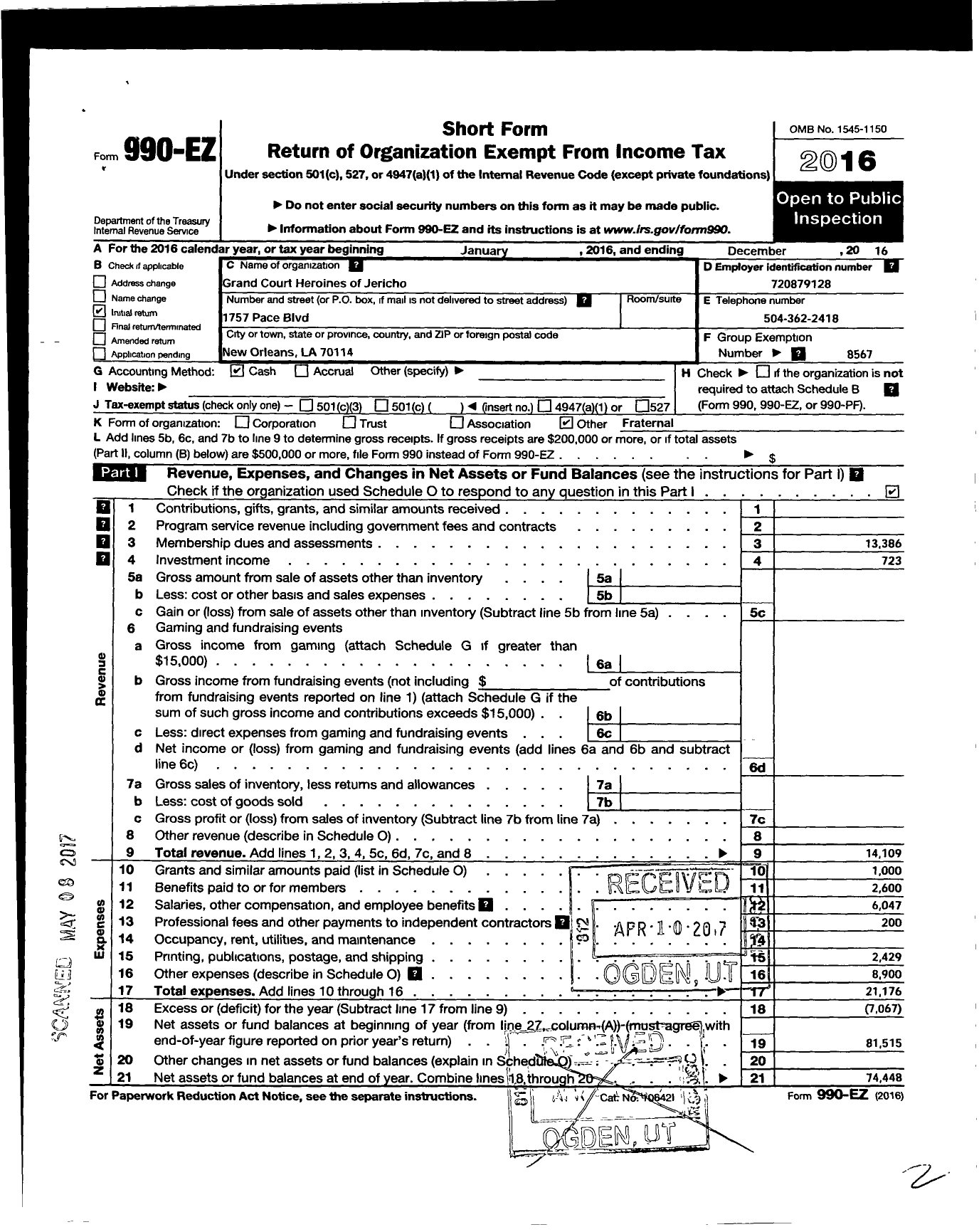 Image of first page of 2016 Form 990EO for Grand Court Heroines of Jericho