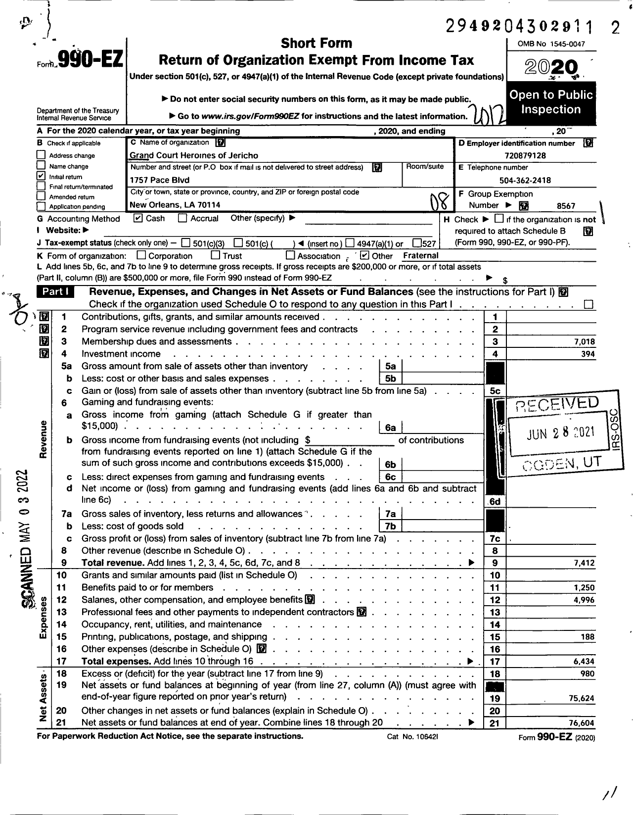 Image of first page of 2020 Form 990EO for Grand Court Heroines of Jericho