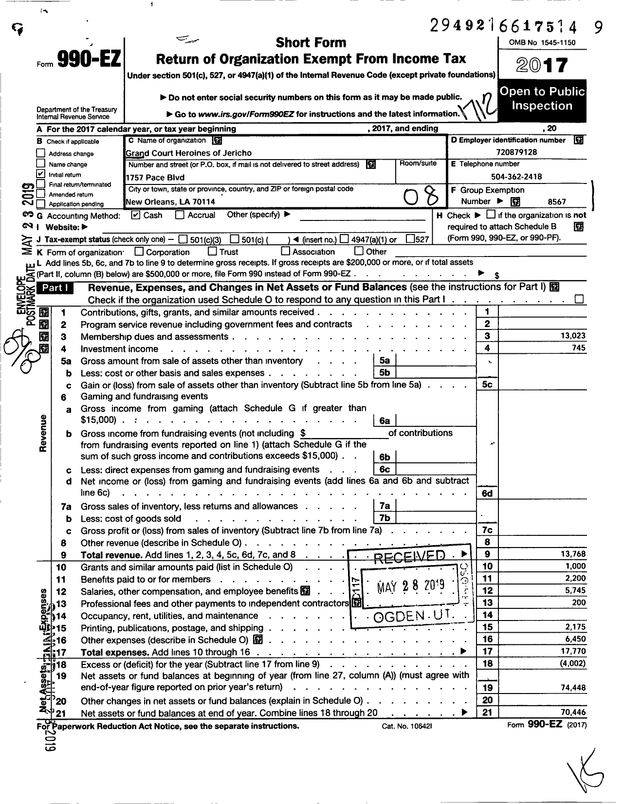 Image of first page of 2017 Form 990EO for Grand Court Heroines of Jericho