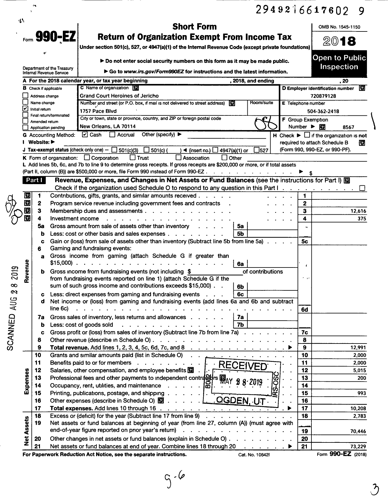 Image of first page of 2018 Form 990EO for Grand Court Heroines of Jericho