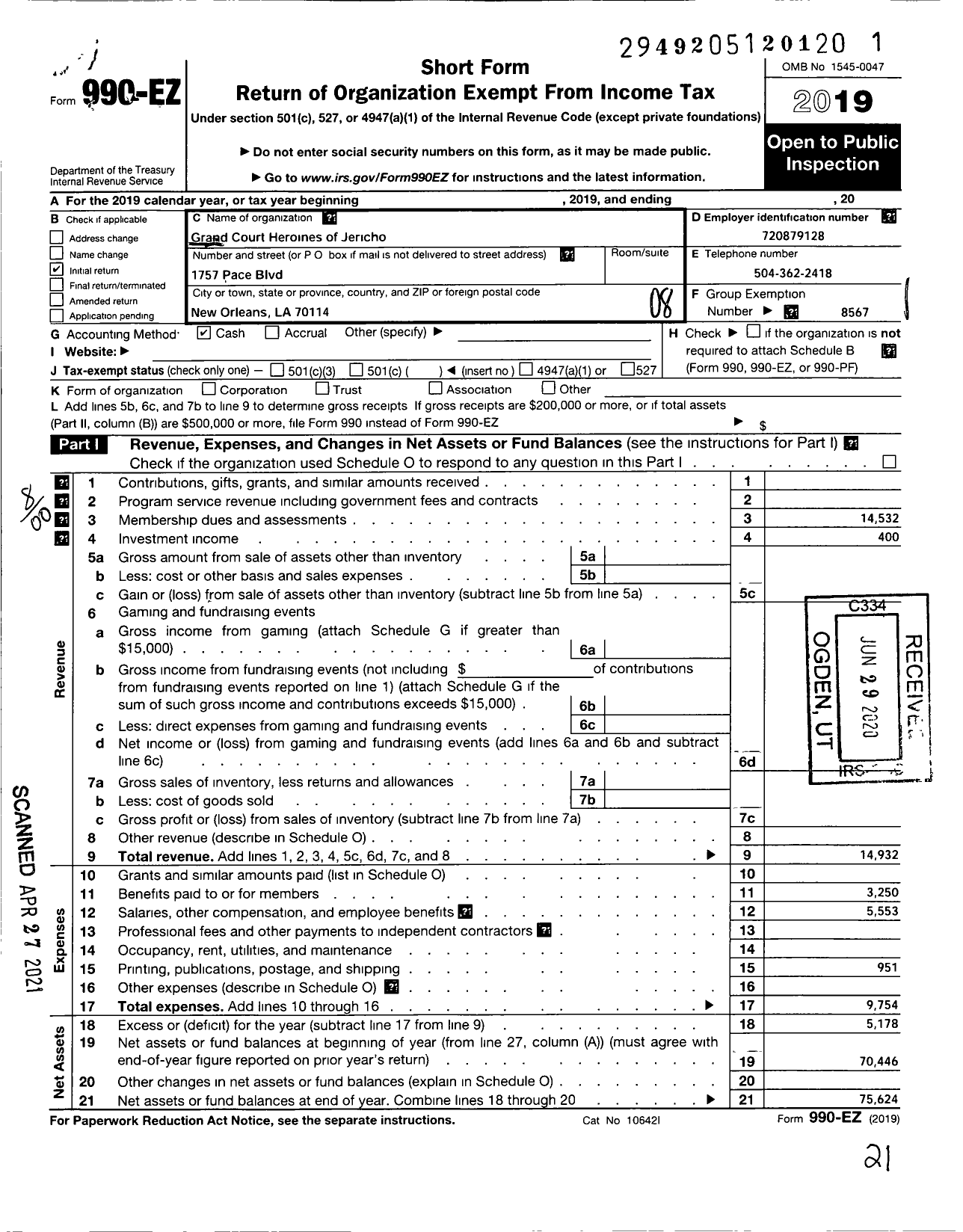 Image of first page of 2019 Form 990EO for Grand Court Heroines of Jericho