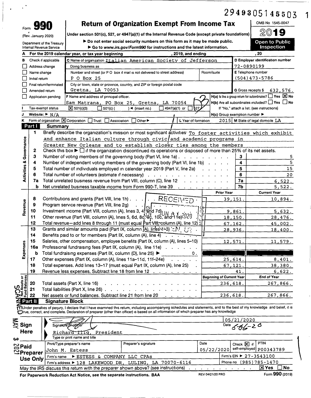 Image of first page of 2019 Form 990 for Italian American Society of Jefferson