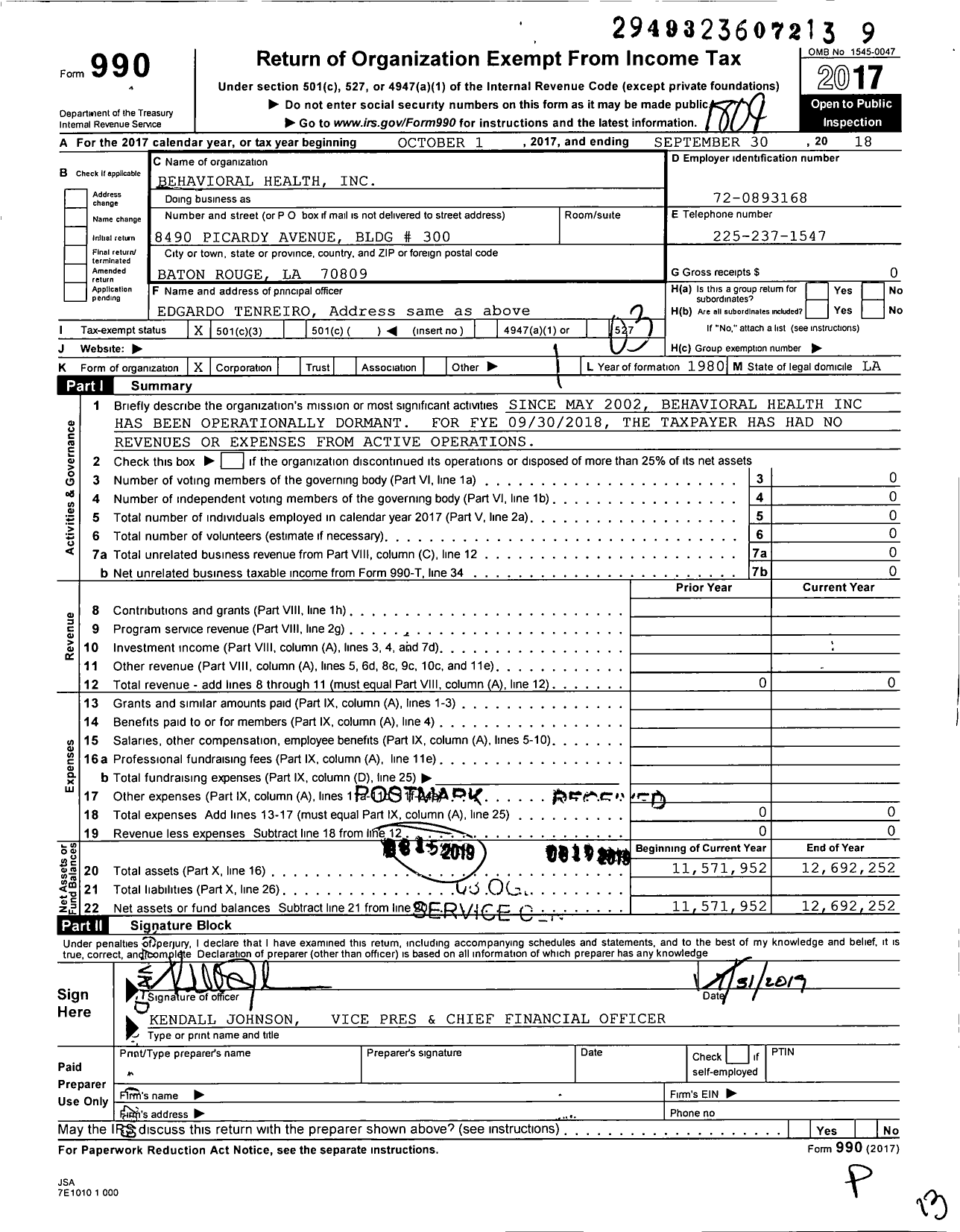 Image of first page of 2017 Form 990 for Behavioral Health