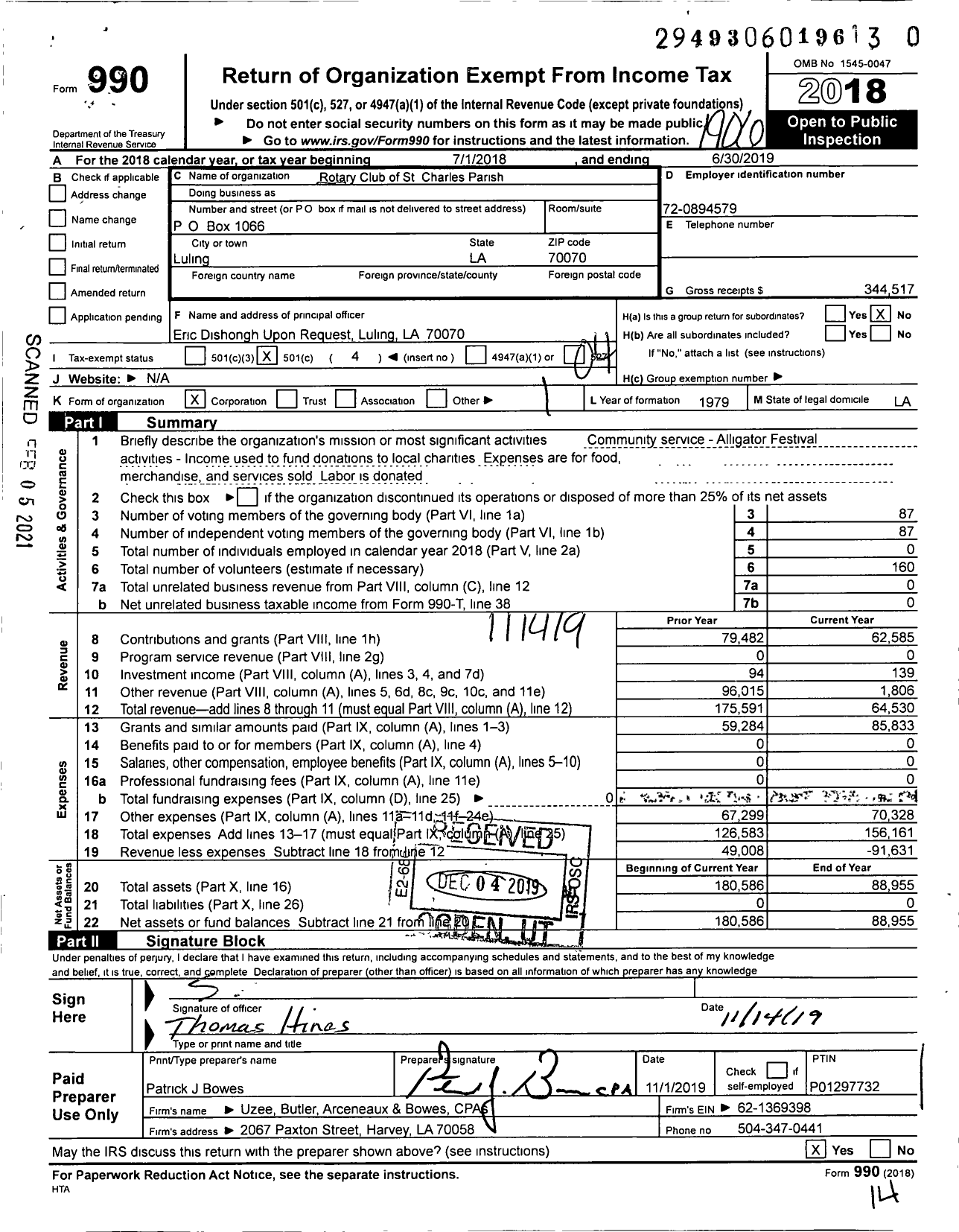 Image of first page of 2018 Form 990O for Rotary International - St Charles Parish Rotary Club