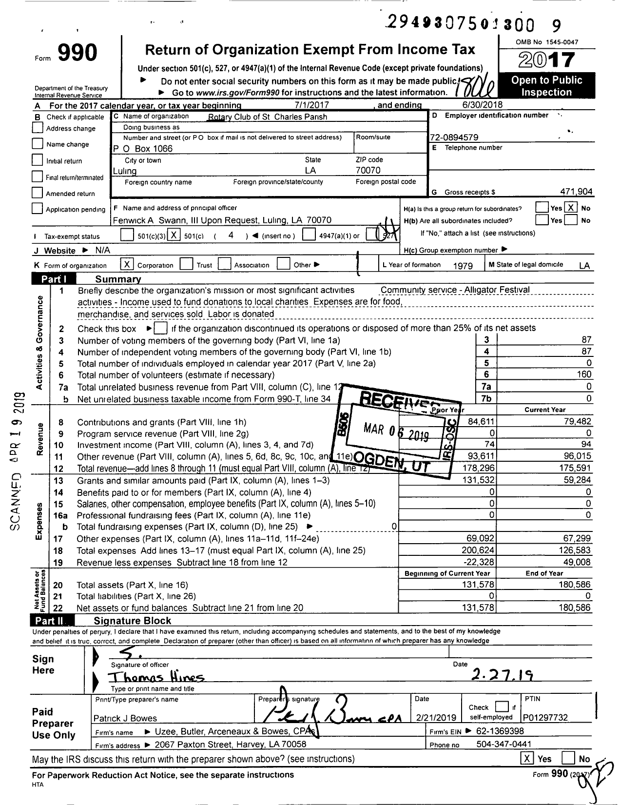 Image of first page of 2017 Form 990O for Rotary International - St Charles Parish Rotary Club