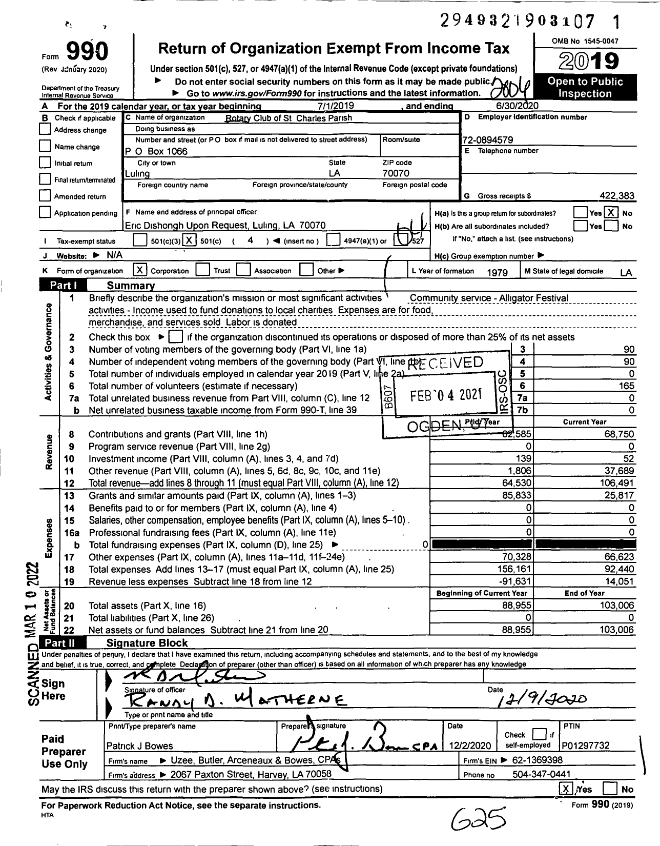 Image of first page of 2019 Form 990O for Rotary International - St Charles Parish Rotary Club