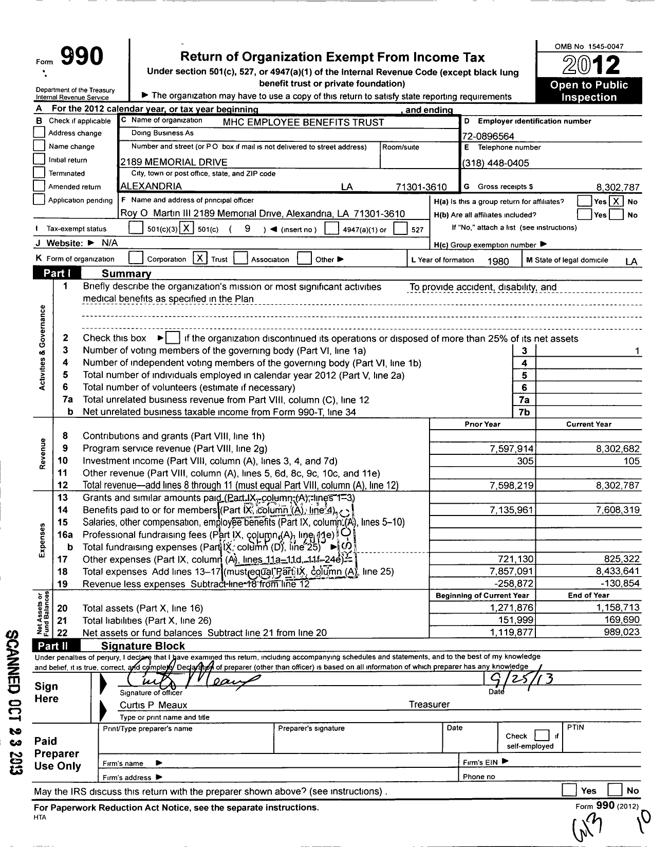 Image of first page of 2012 Form 990O for MHC Employee Benefits Trust