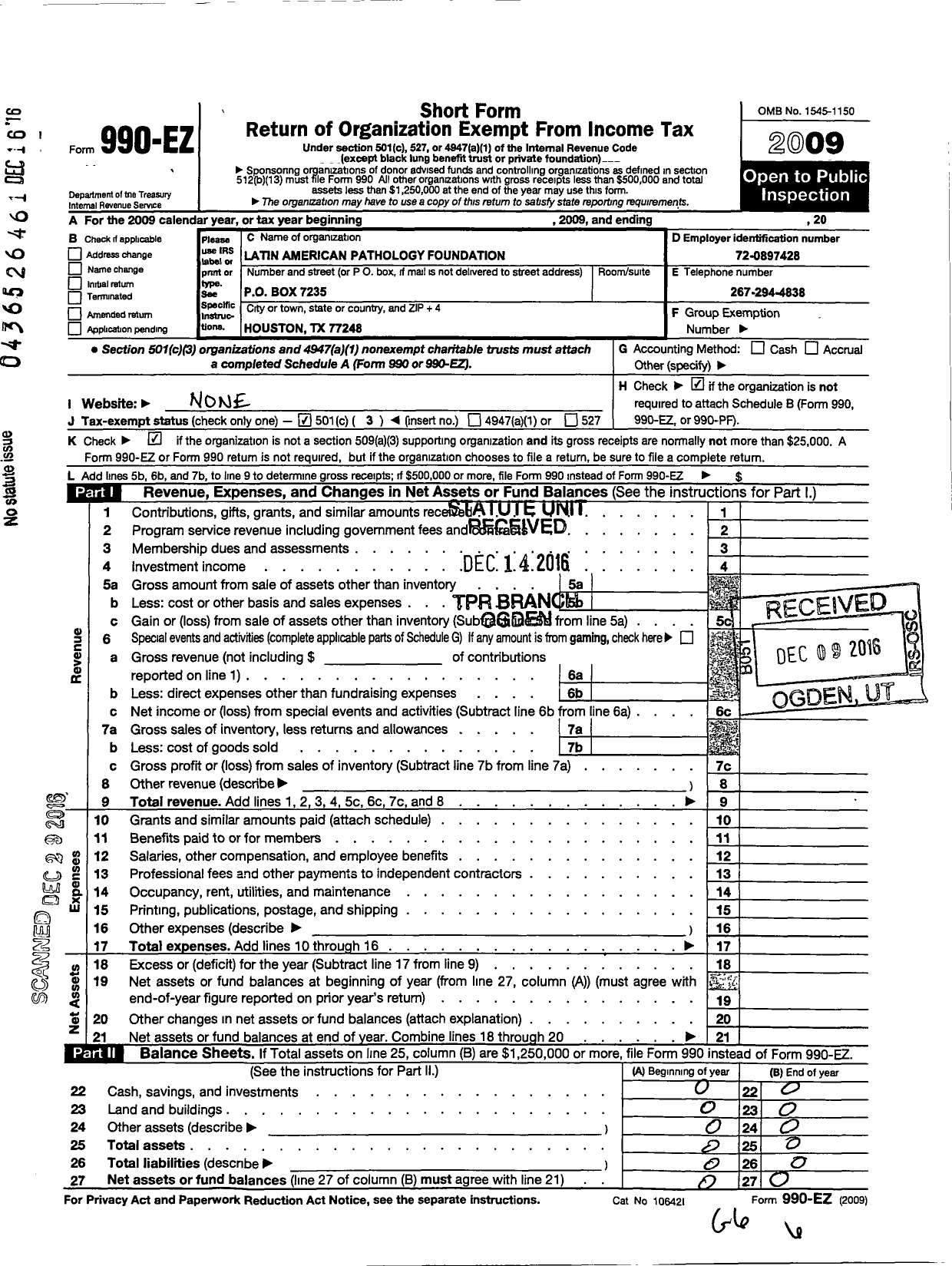 Image of first page of 2009 Form 990EA for Latin American Pathology Foundation