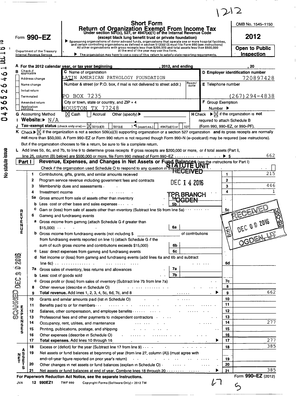 Image of first page of 2012 Form 990EA for Latin American Pathology Foundation