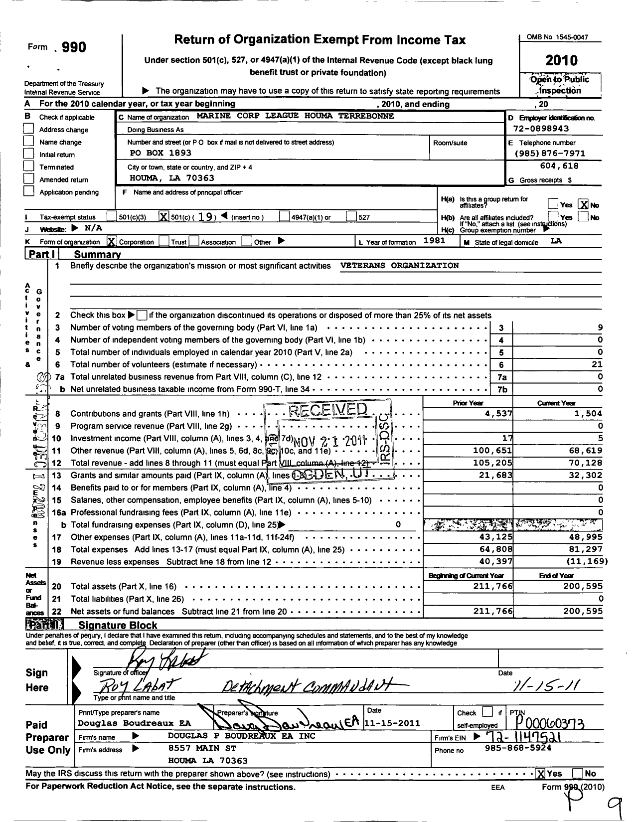 Image of first page of 2010 Form 990O for Marine Corps League - 475 Houma-Terrebonn Detachment
