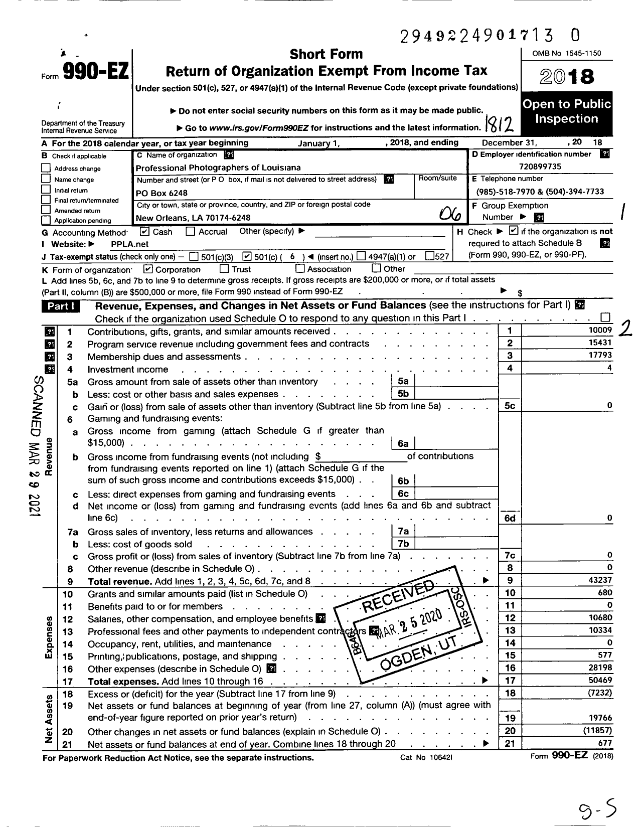 Image of first page of 2018 Form 990EO for Professional Photographers of La