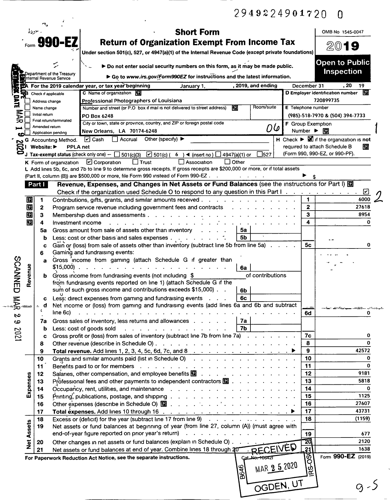 Image of first page of 2019 Form 990EO for Professional Photographers of La