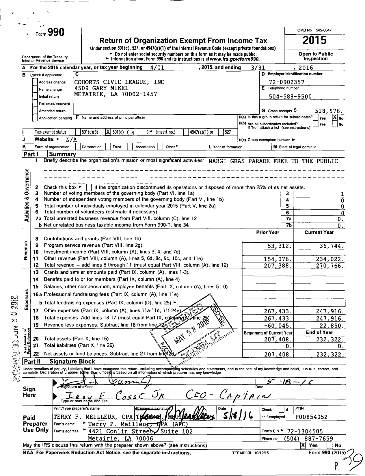 Image of first page of 2015 Form 990O for Cohorts Civic League