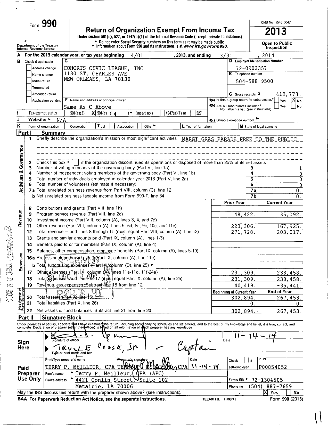 Image of first page of 2013 Form 990O for Cohorts Civic League