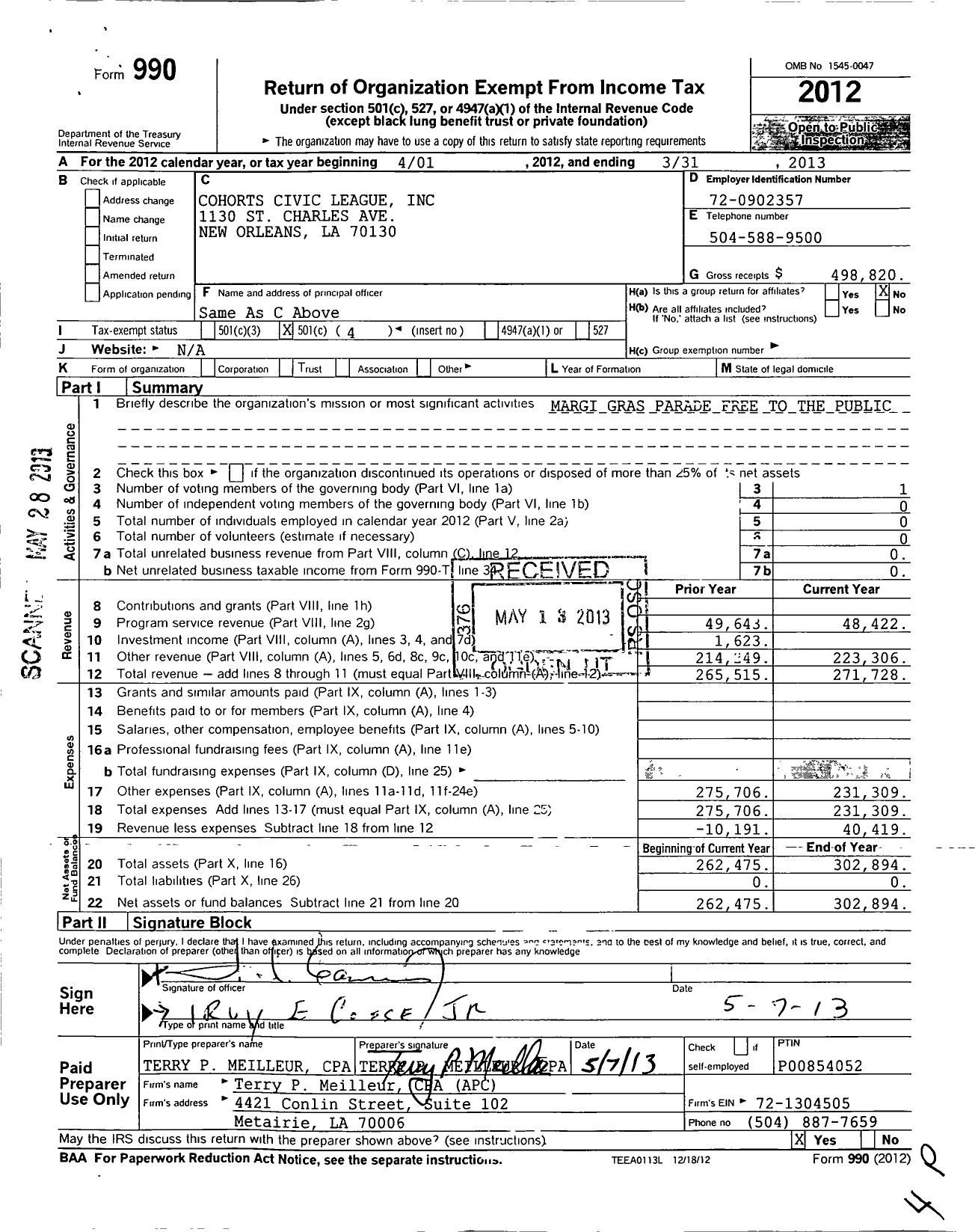 Image of first page of 2012 Form 990O for Cohorts Civic League