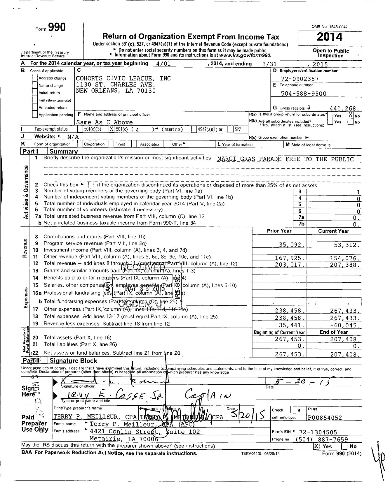 Image of first page of 2014 Form 990O for Cohorts Civic League