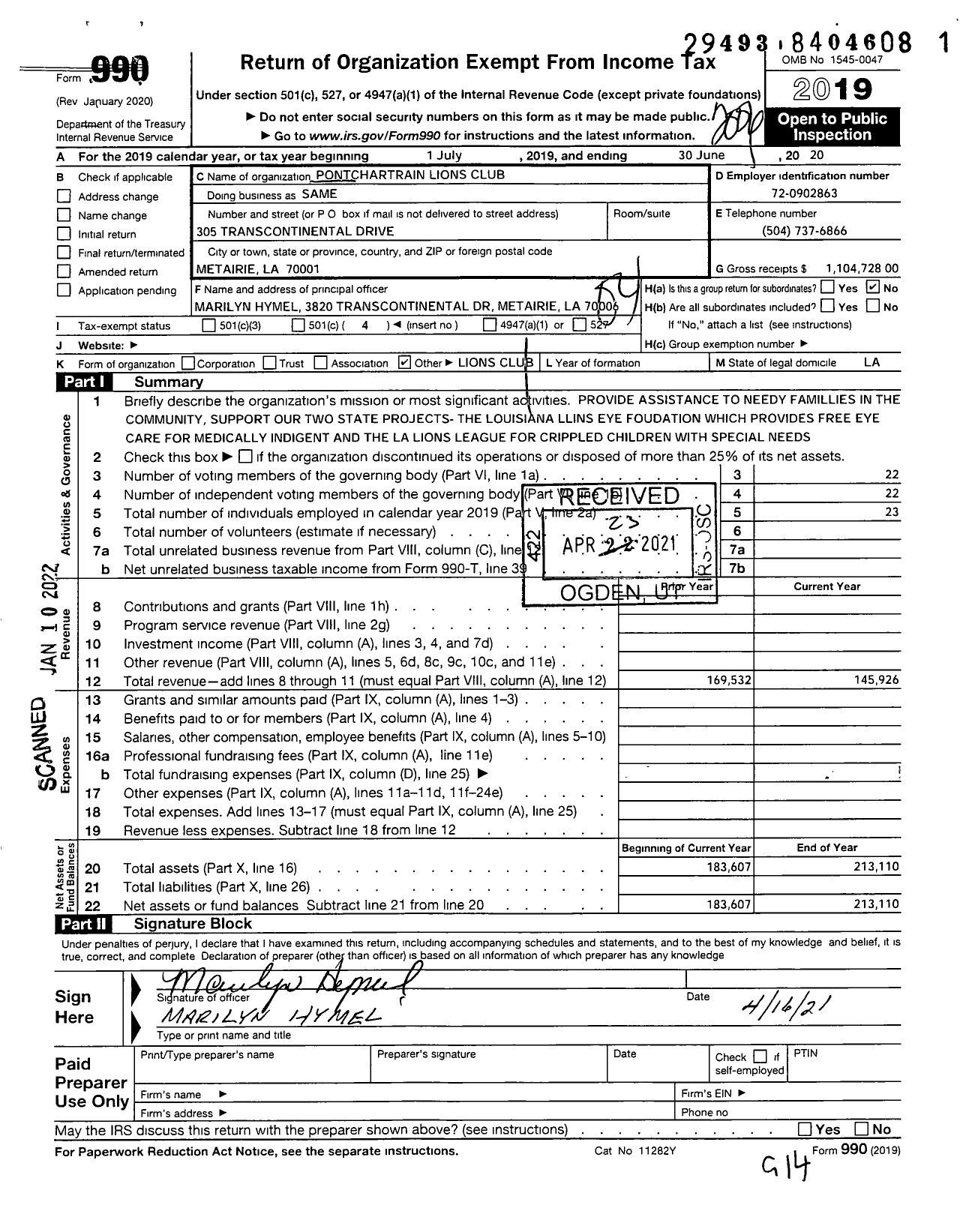 Image of first page of 2019 Form 990O for Lions Clubs - 37416 Metairie Pontchartrain Lions