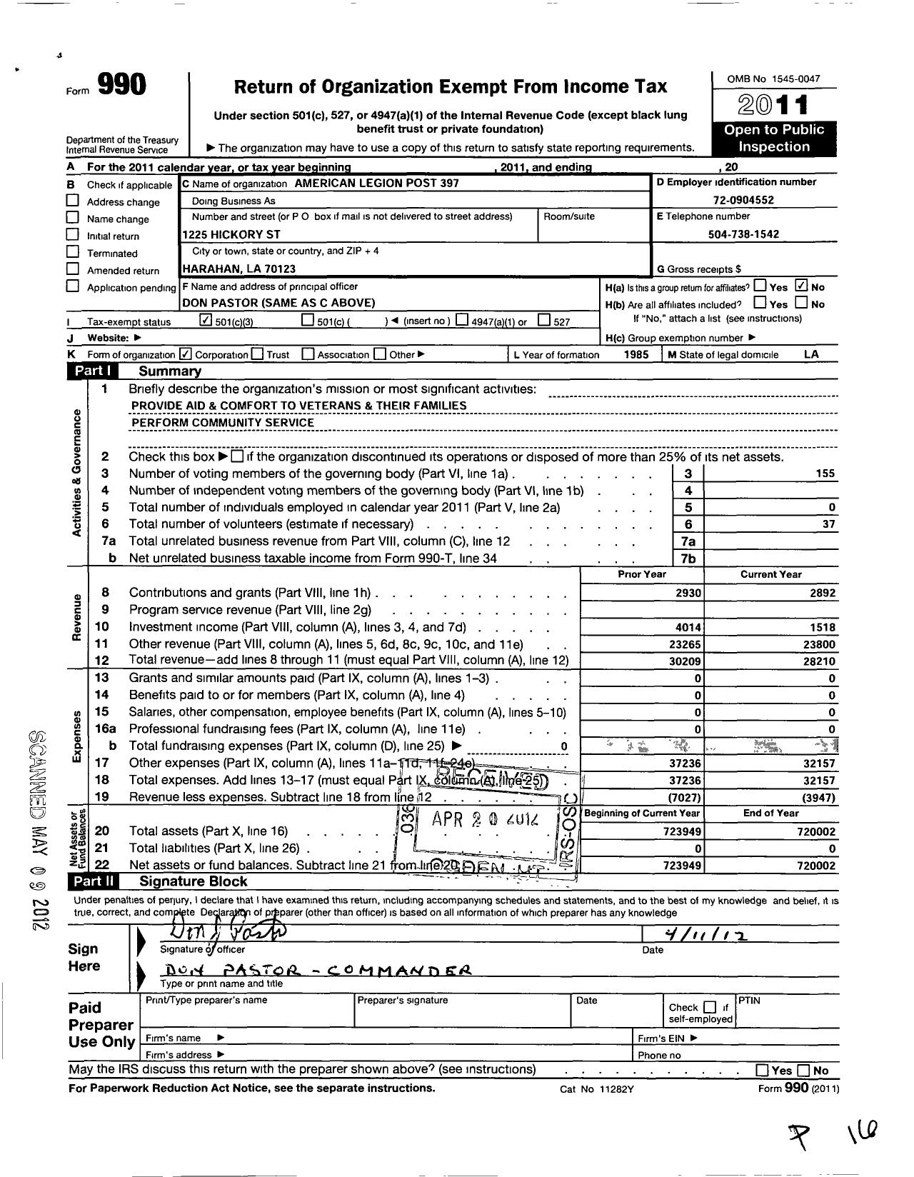 Image of first page of 2011 Form 990 for American Legion - 397 Harahan River Ridge