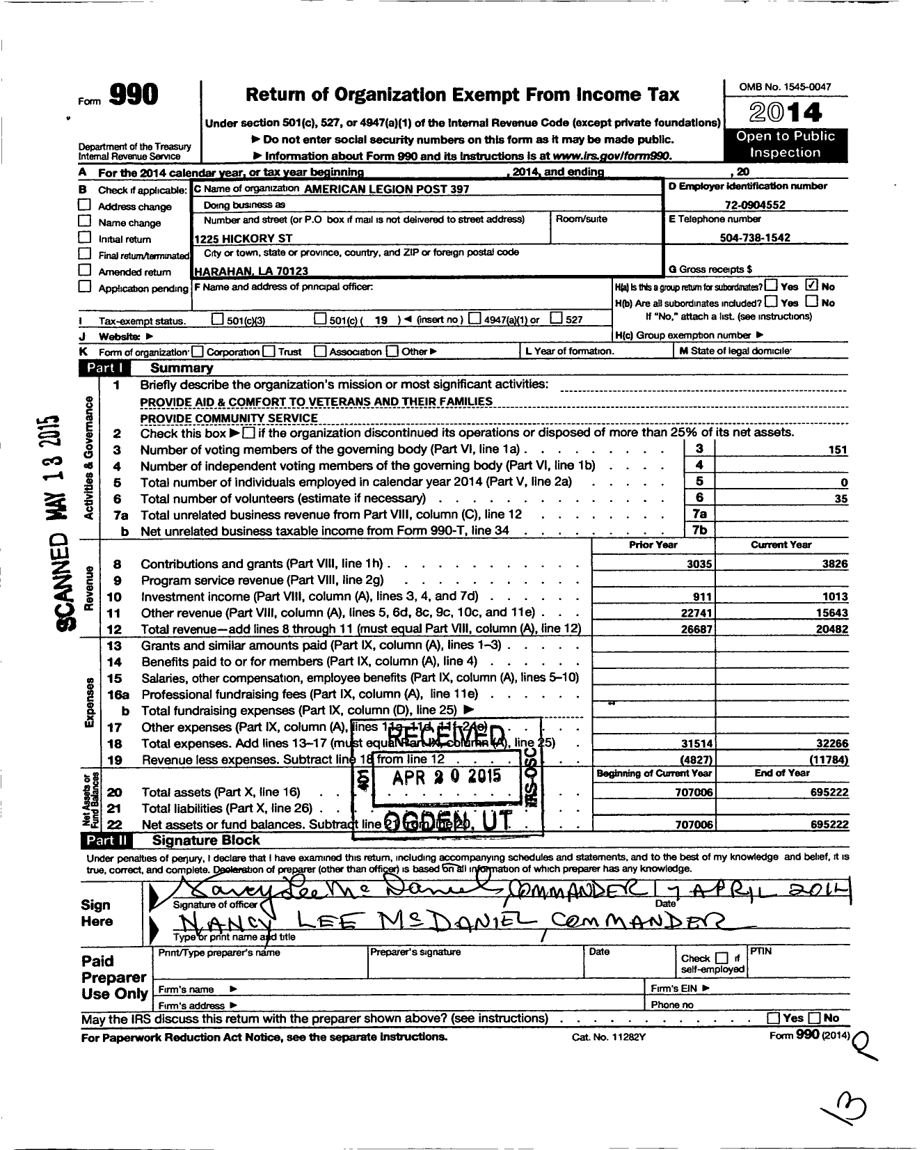 Image of first page of 2014 Form 990O for American Legion - 397 Harahan River Ridge