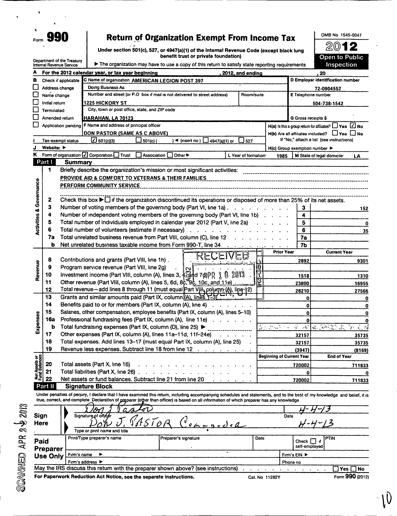 Image of first page of 2012 Form 990 for American Legion - 397 Harahan River Ridge