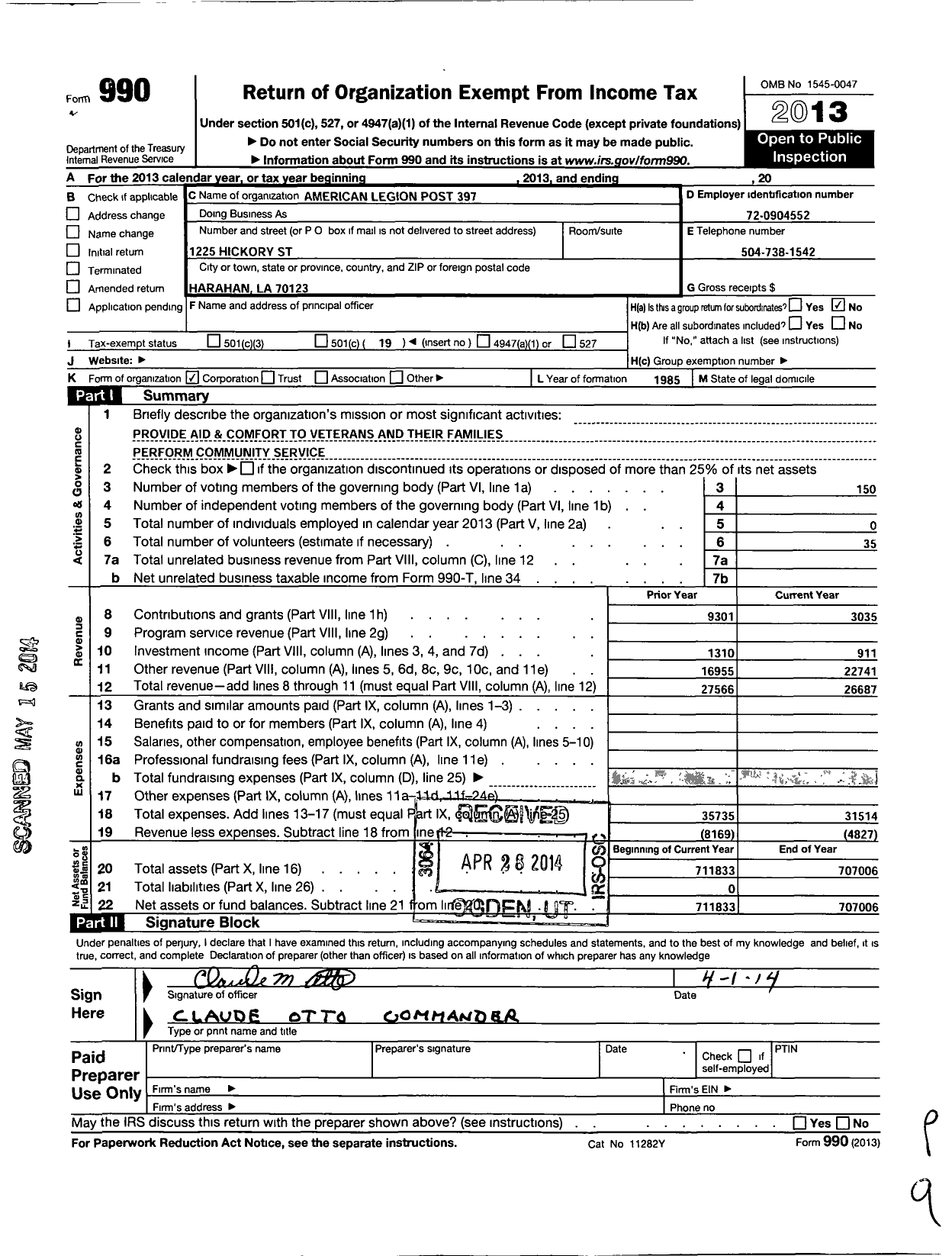 Image of first page of 2013 Form 990O for American Legion - 397 Harahan River Ridge