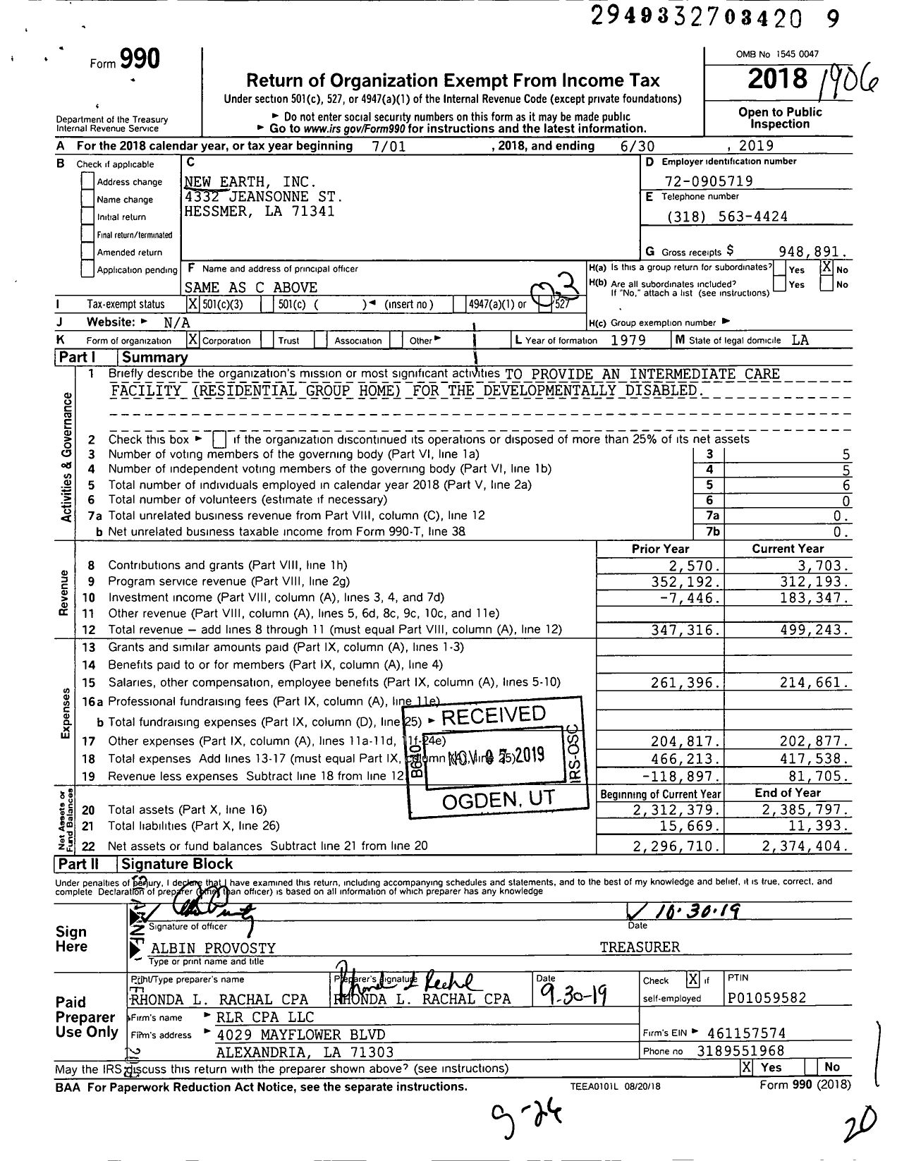 Image of first page of 2018 Form 990 for New Earth