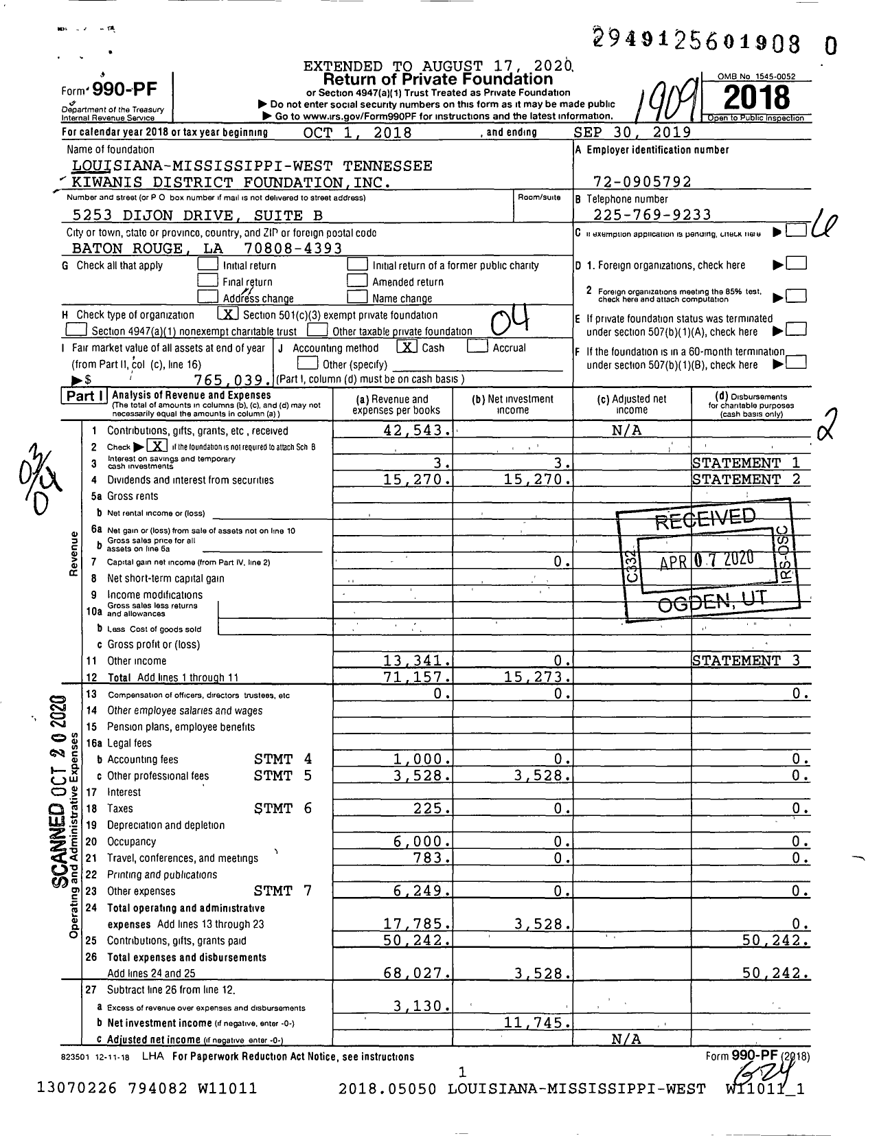 Image of first page of 2018 Form 990PR for Louisiana-Mississippi-West Tennessee District Foundation