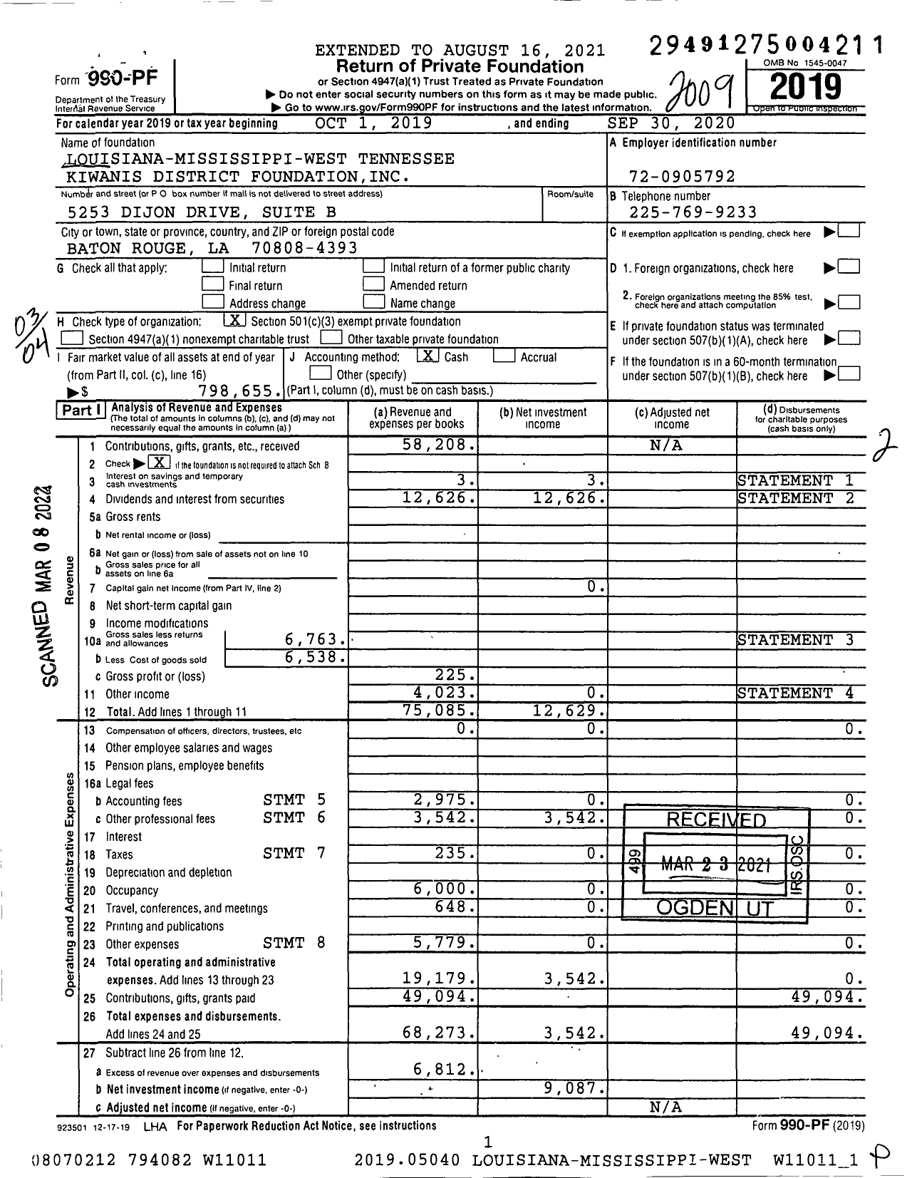 Image of first page of 2019 Form 990PF for Louisiana-Mississippi-West Tennessee District Foundation