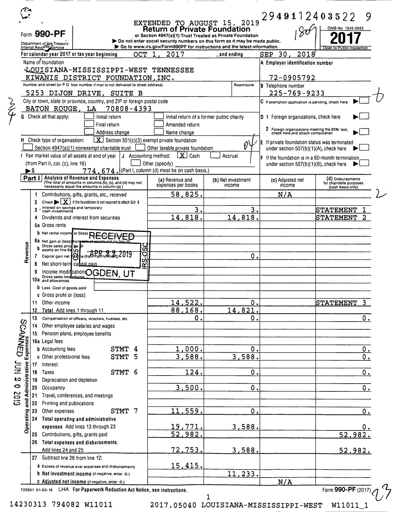 Image of first page of 2017 Form 990PF for Louisiana-Mississippi-West Tennessee District Foundation